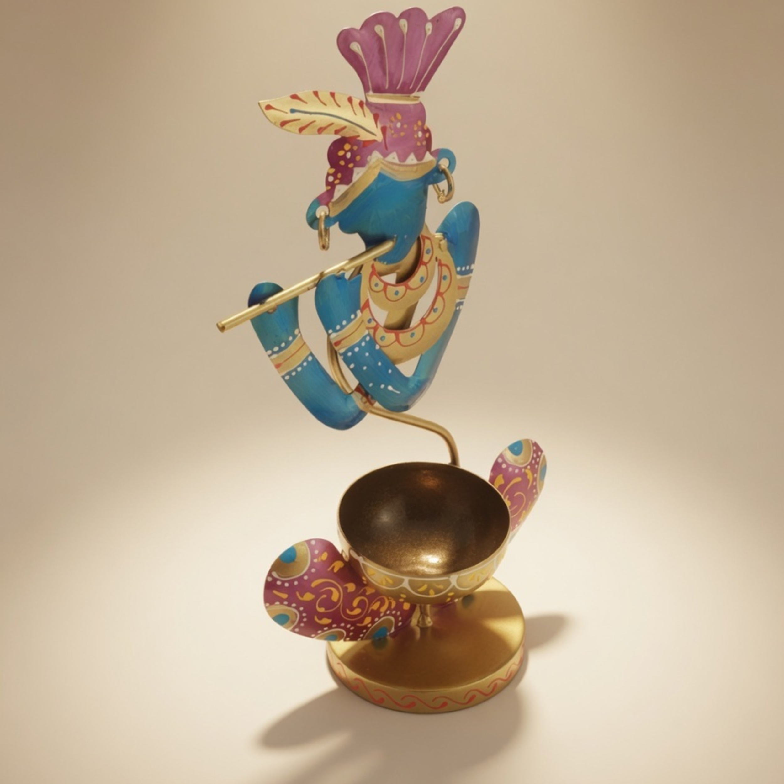 Handcrafted Murli Krishna T-Light Holder Blue – Metal Spiritual Home Decor Table Diya Stand | Gulabi Craft
