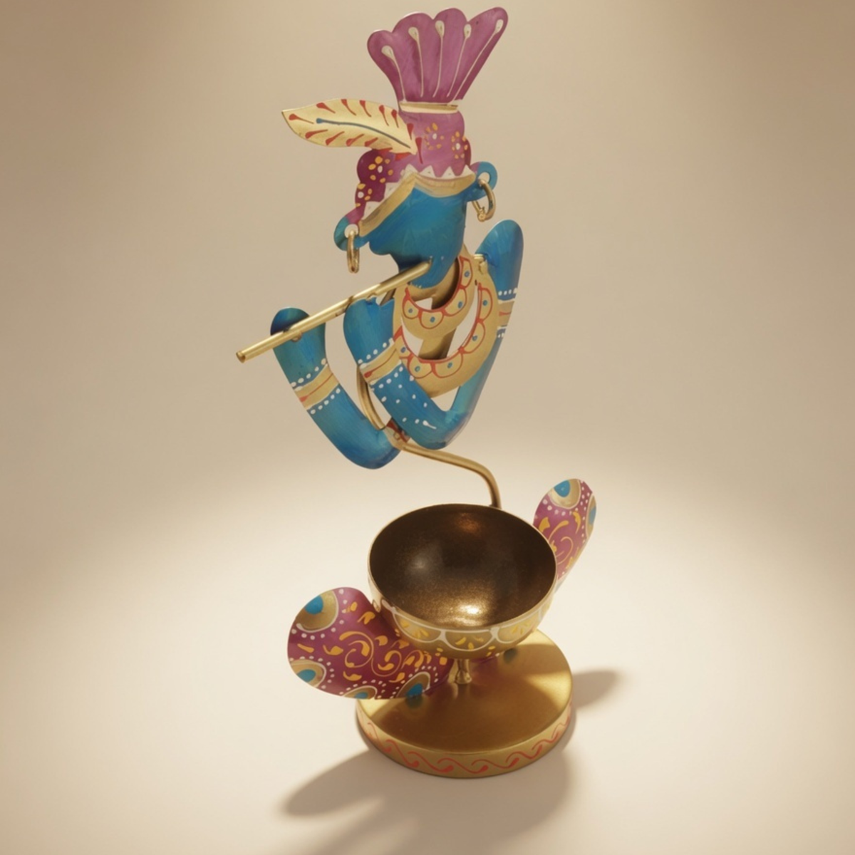 Handcrafted Murli Krishna T-Light Holder Blue – Metal Spiritual Home Decor Table Diya Stand | Gulabi Craft