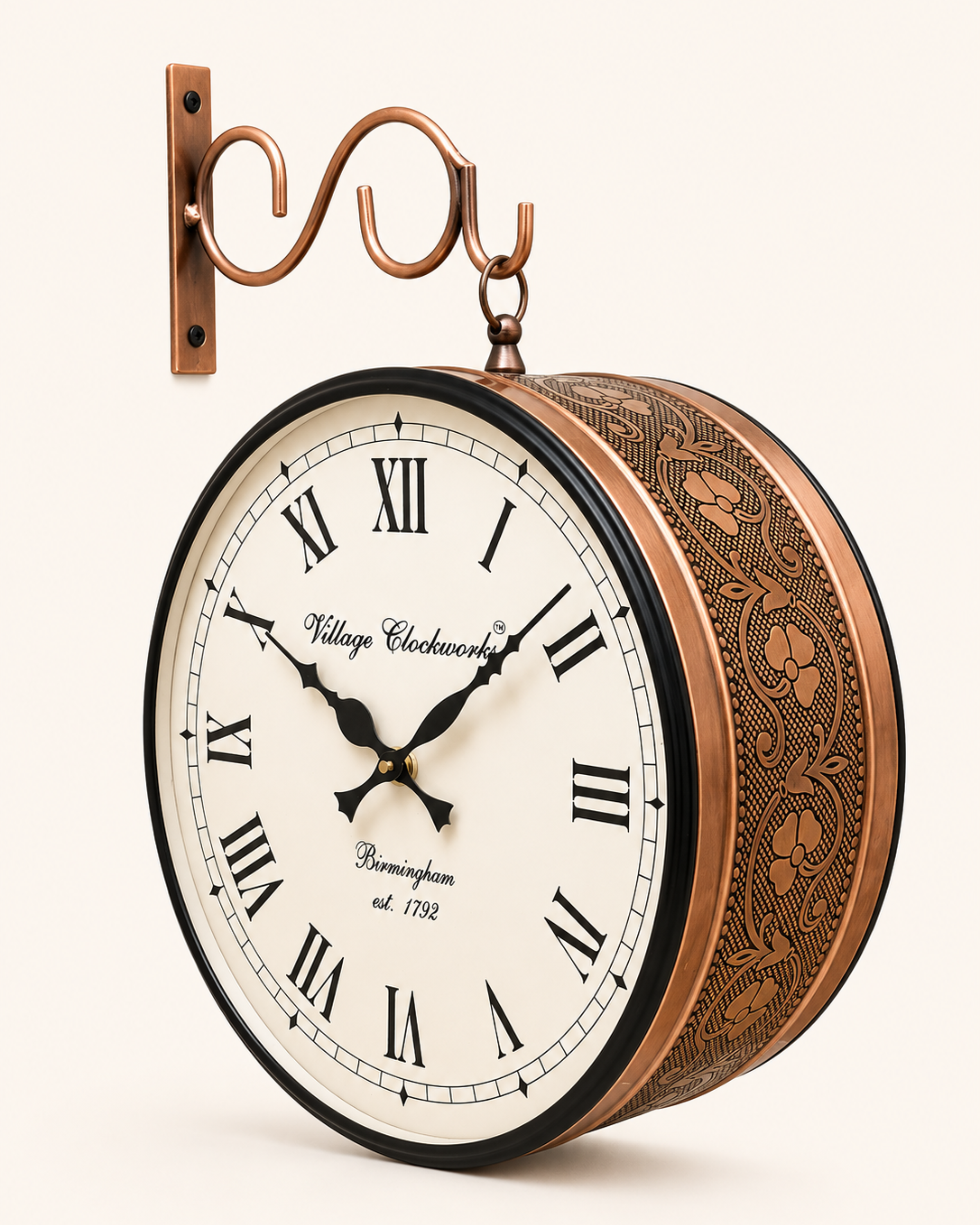 8 Inch Double Face Retro Wall Clock | Antique Embossed Metal Silent Station Clock for Living Room | Gulabi Craft