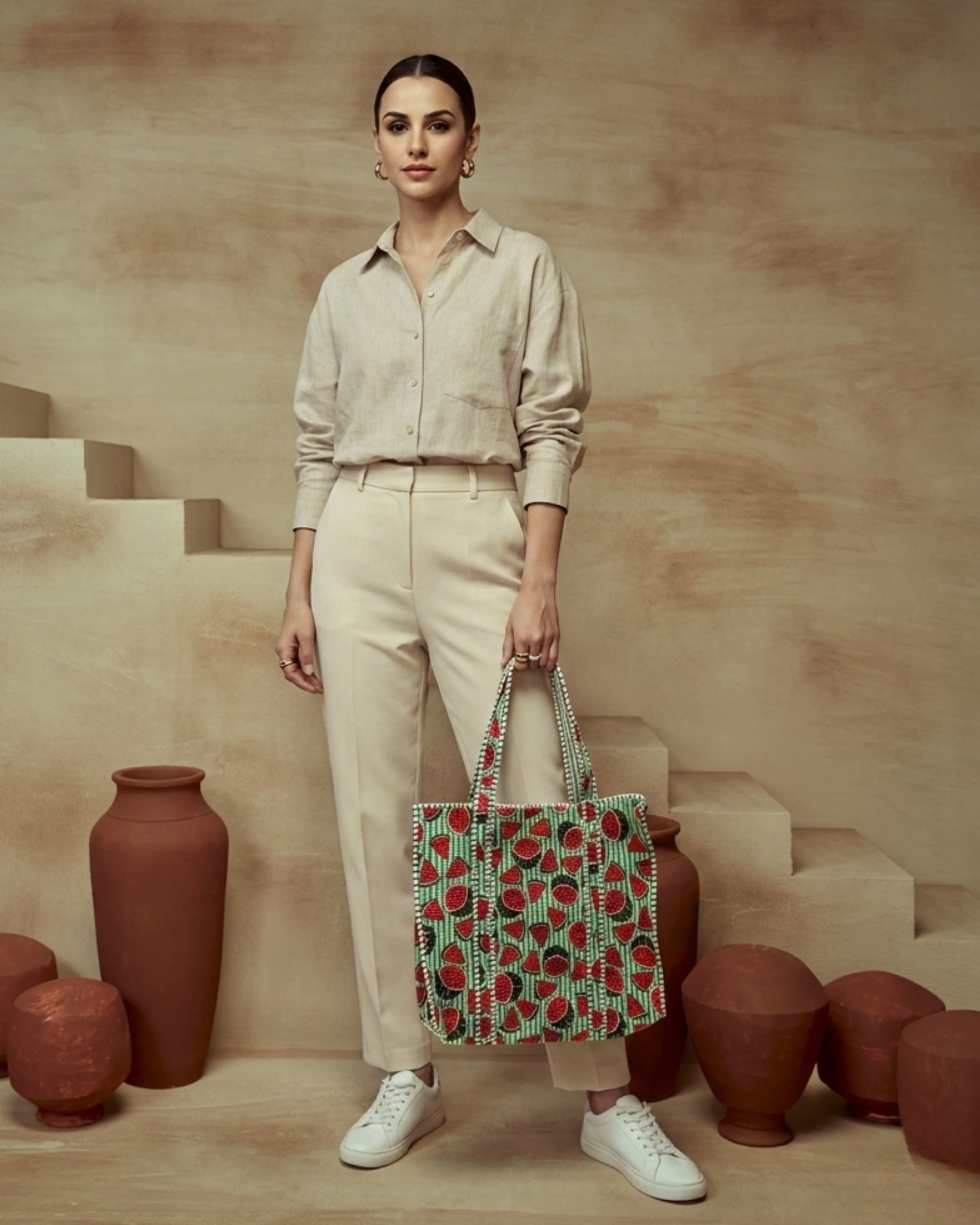 Mint Green Watermelon Quilted Canvas Tote Bag | Handcrafted Cotton Shoulder Bag with Inner Pocket