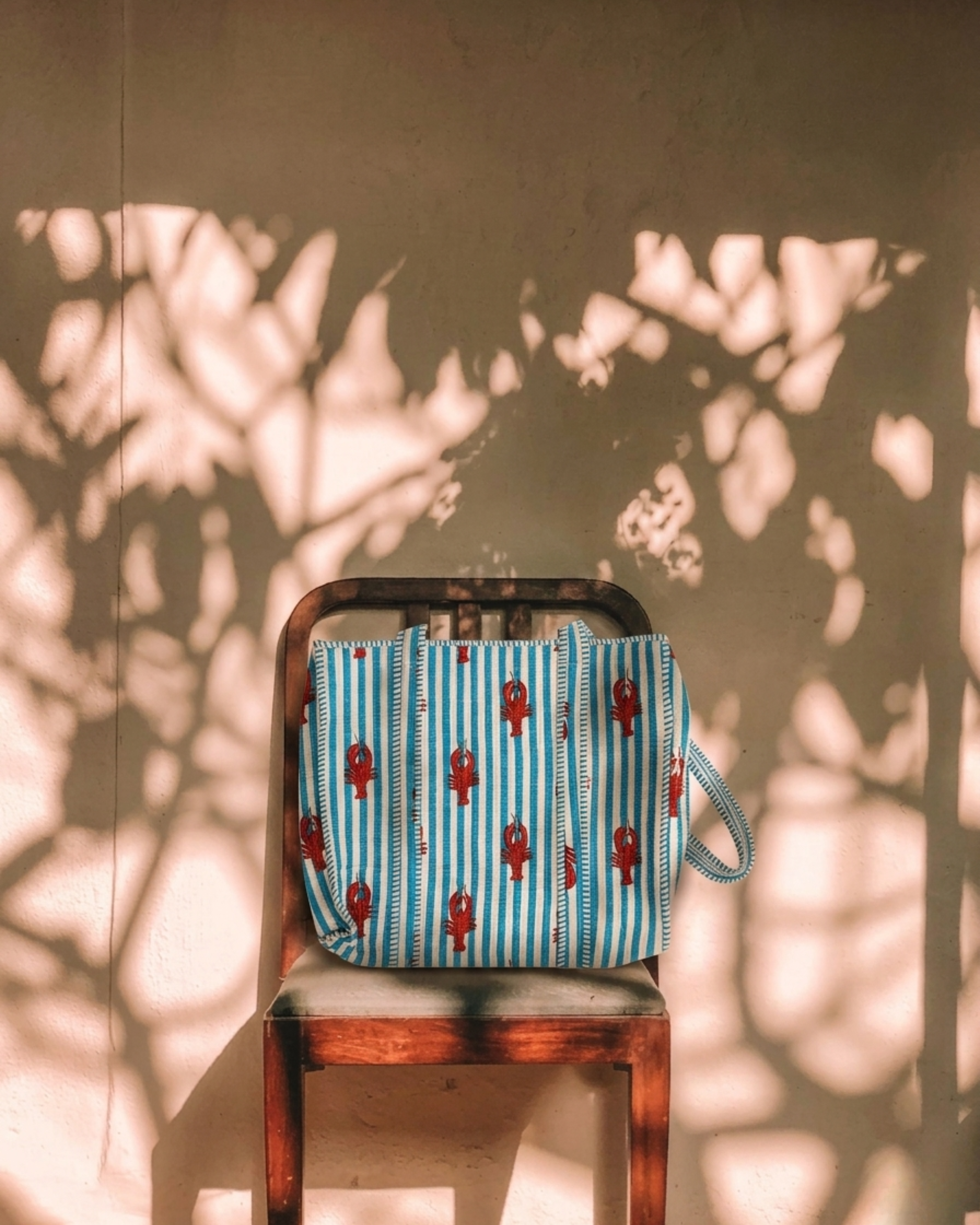 Ocean Blue Striped Red Lobster Quilted Canvas Tote Bag | Handcrafted Cotton Shoulder Bag for Travel &amp; Shopping | Gulabi Craft