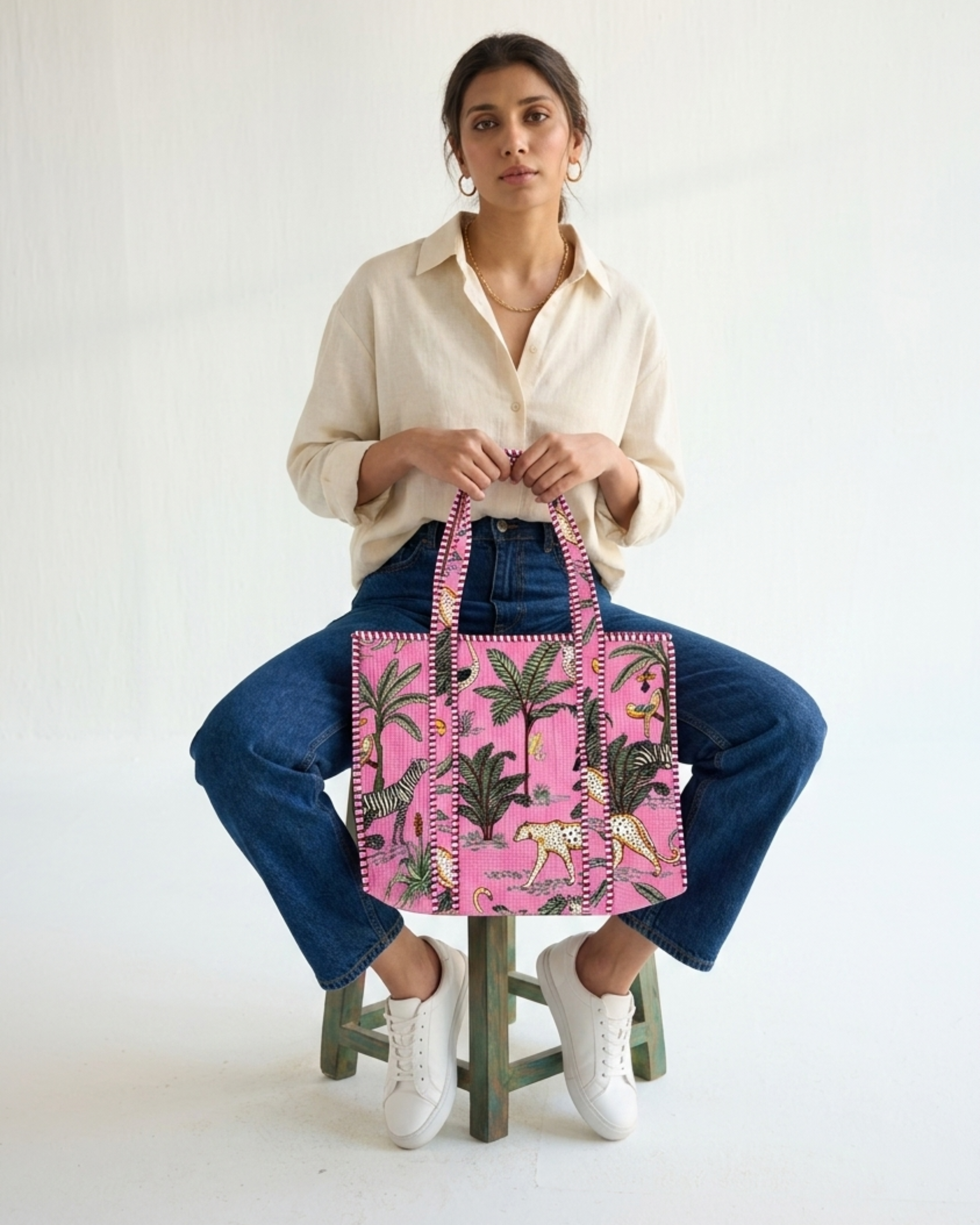 Blossom Pink Exotic Safari Quilted Canvas Tote Bag | Handcrafted Cotton Shoulder Bag with Inner Pocket | Gulabi Craft