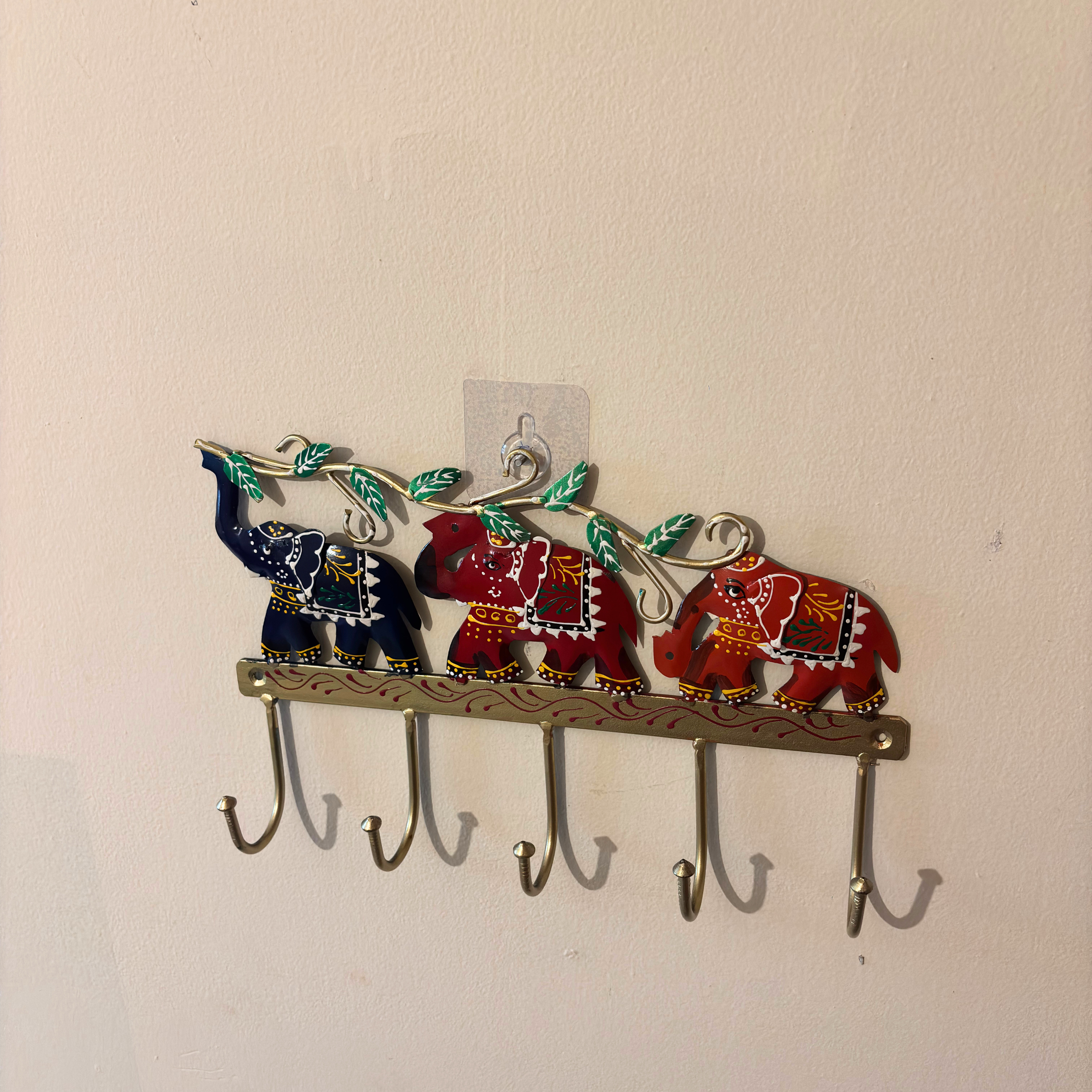 Handcrafted 3 Elephant Key Holder – Colorful Metal Wall Hook for Entryway Decor & Vastu Gifting | Gulabi Craft