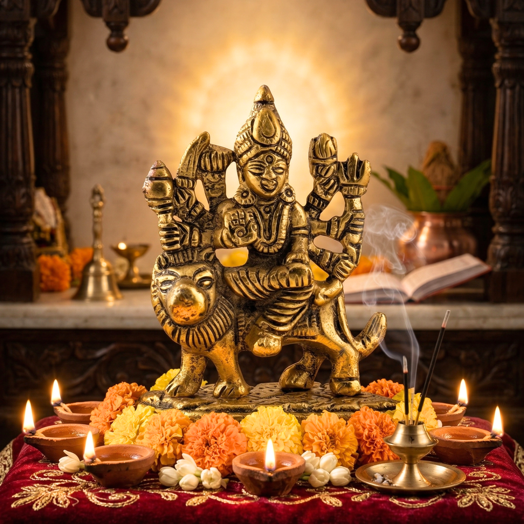Handcrafted Sherawali Maa Idol – Antique Gold Metal Durga Statue for Pooja Room & Home Decor | Gulabi Craft