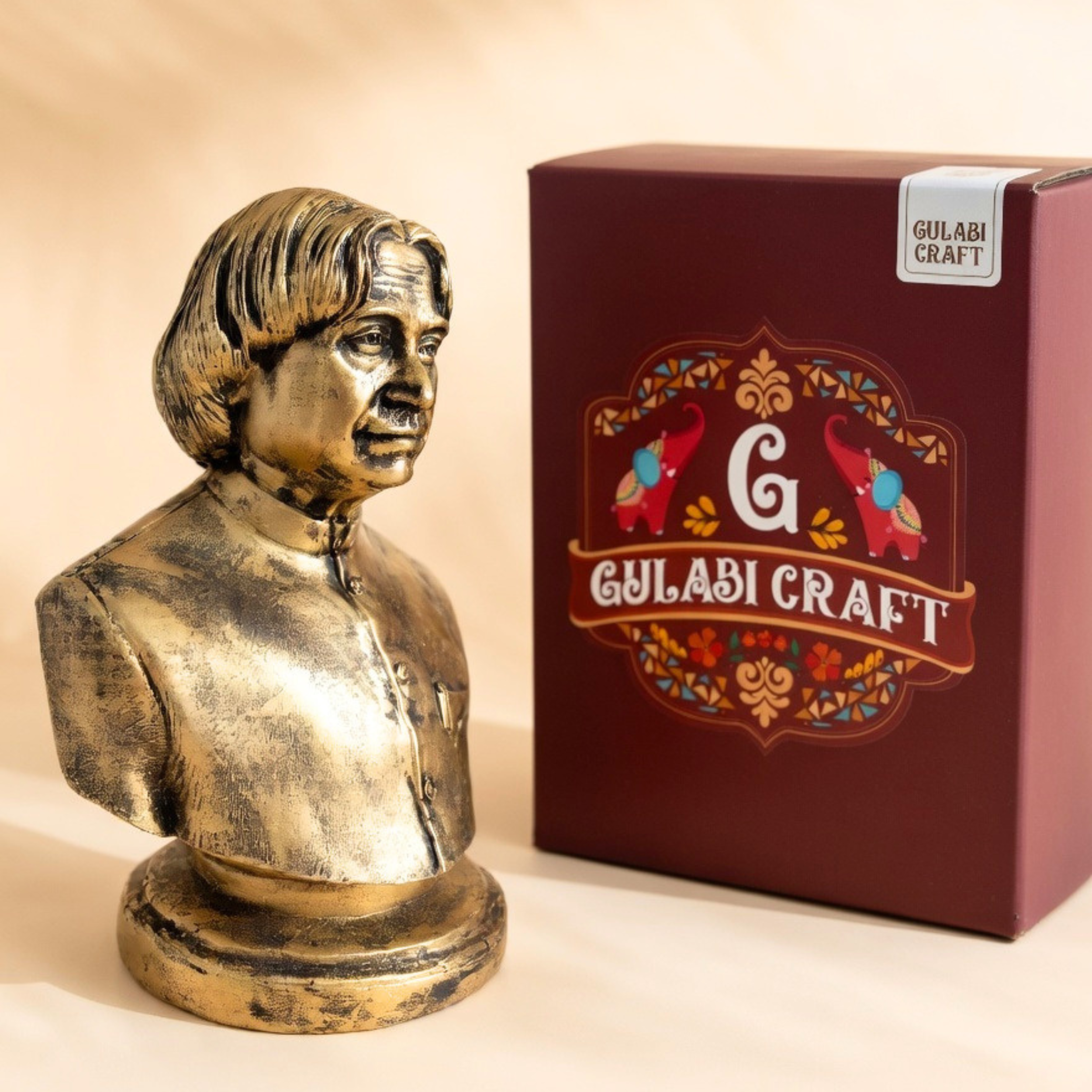 Handcrafted APJ Abdul Kalam Bust Statue - Antique Gold Finish Home & Office Table Decor by Gulabi Craft