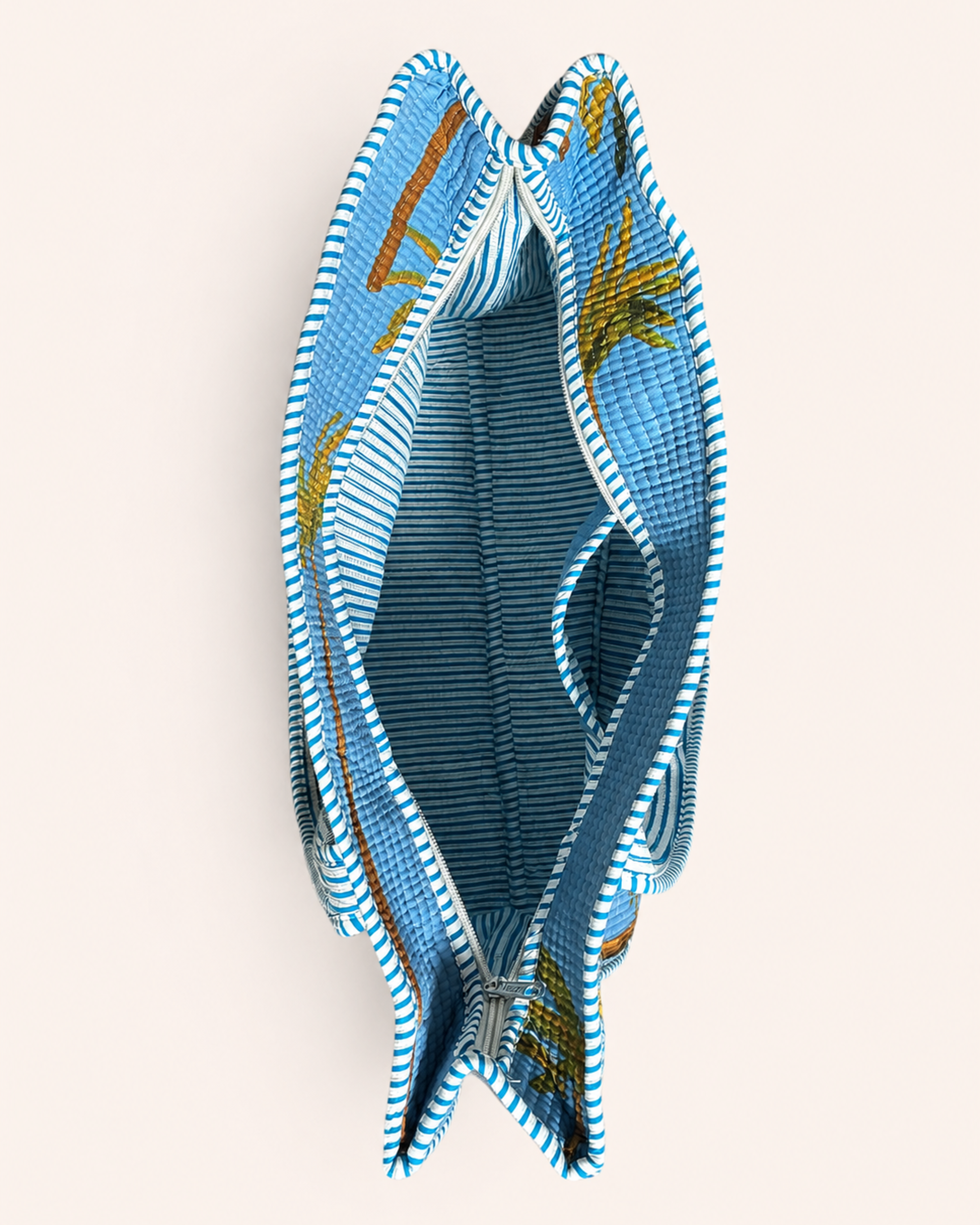 Sky Blue Palm Tree Quilted Canvas Tote Bag | Handcrafted Cotton Shoulder Bag with Inner Pocket | Gulabi Craft