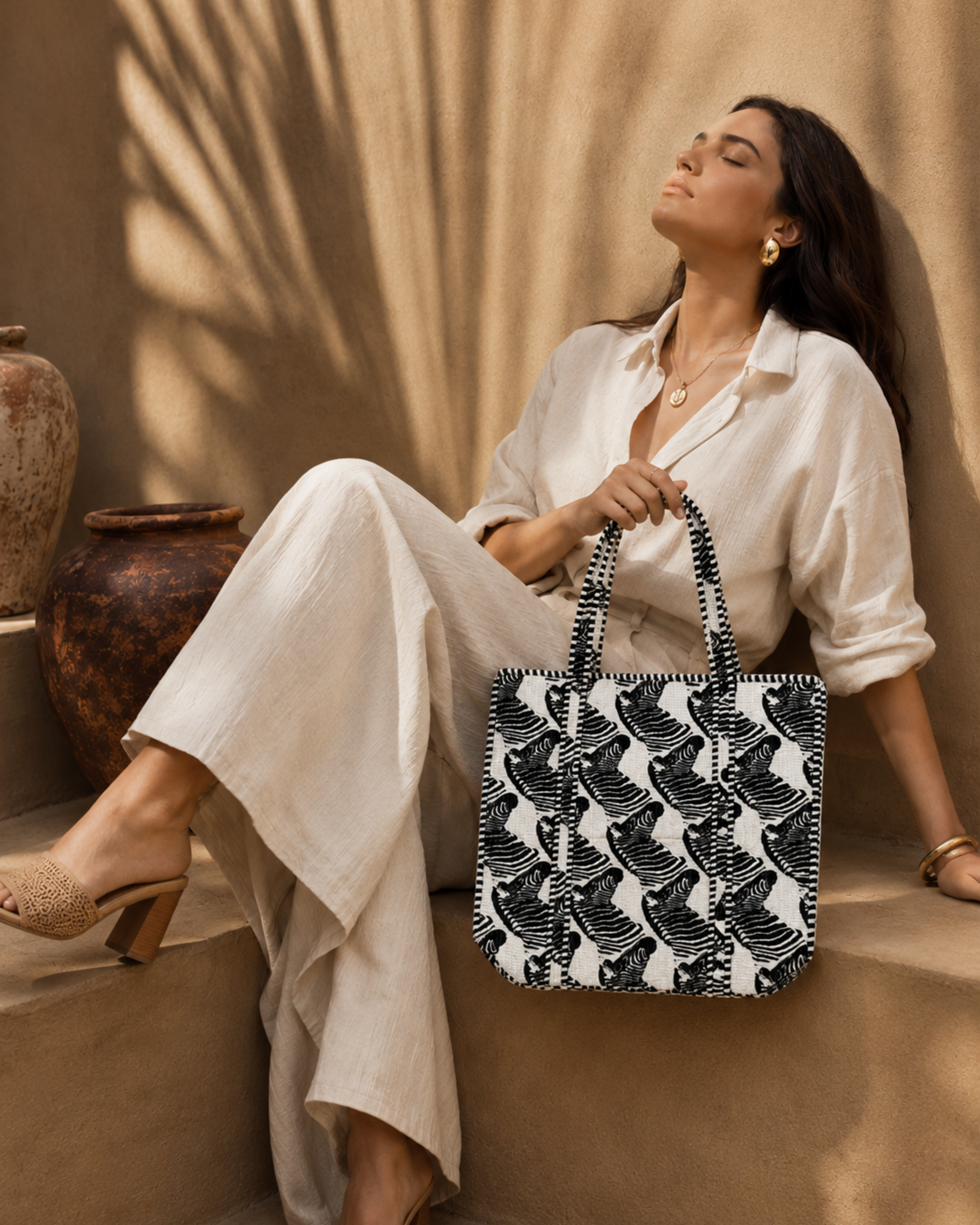Classic Black and White Zebra Quilted Canvas Tote Bag | Handcrafted Cotton Shoulder Bag with Inner Pocket | Gulabi Craft