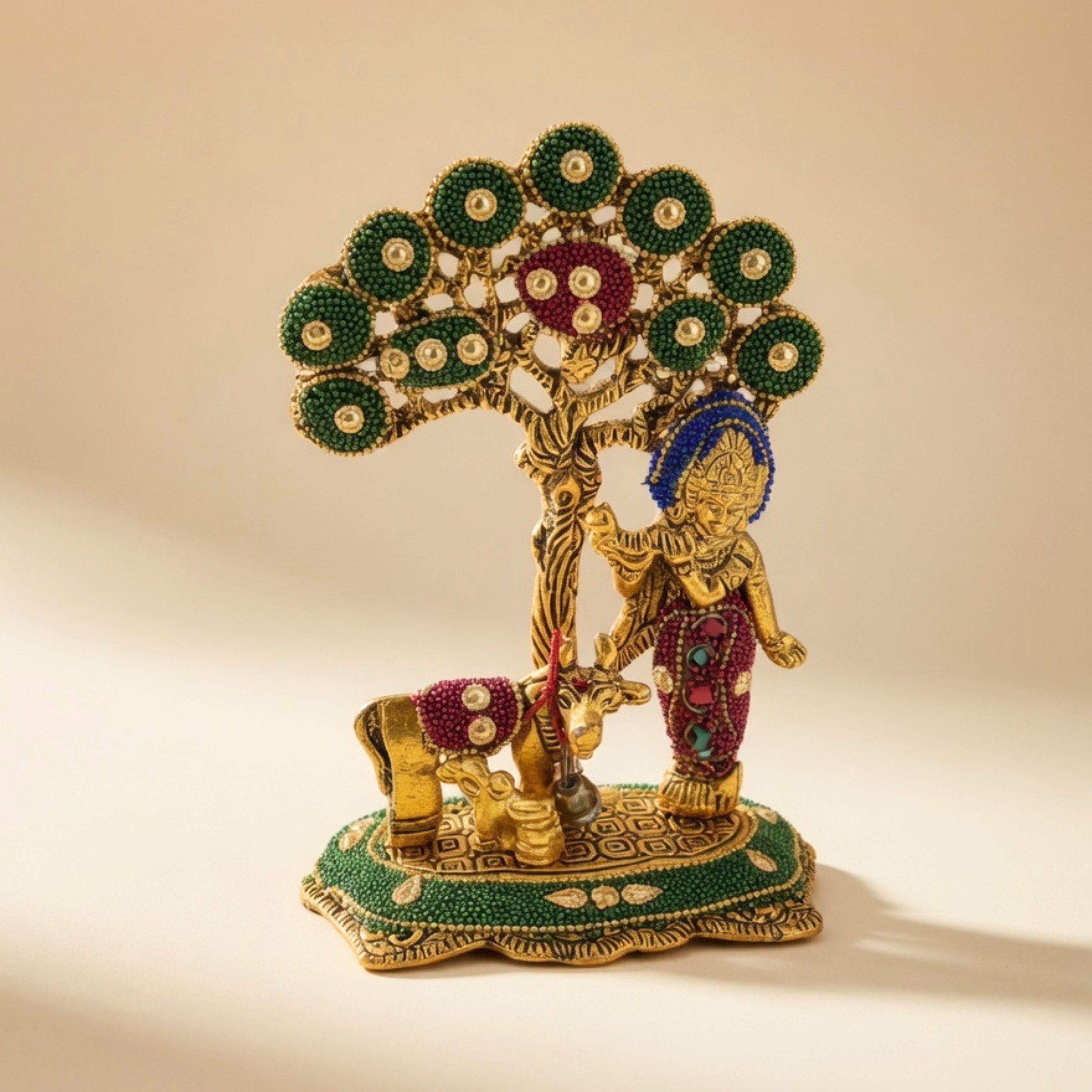 Gulabi Craft Handcrafted Stone Kadam Krishna with Cow Idol – Antique Gold Finish Table Decor & Premium Gift Item