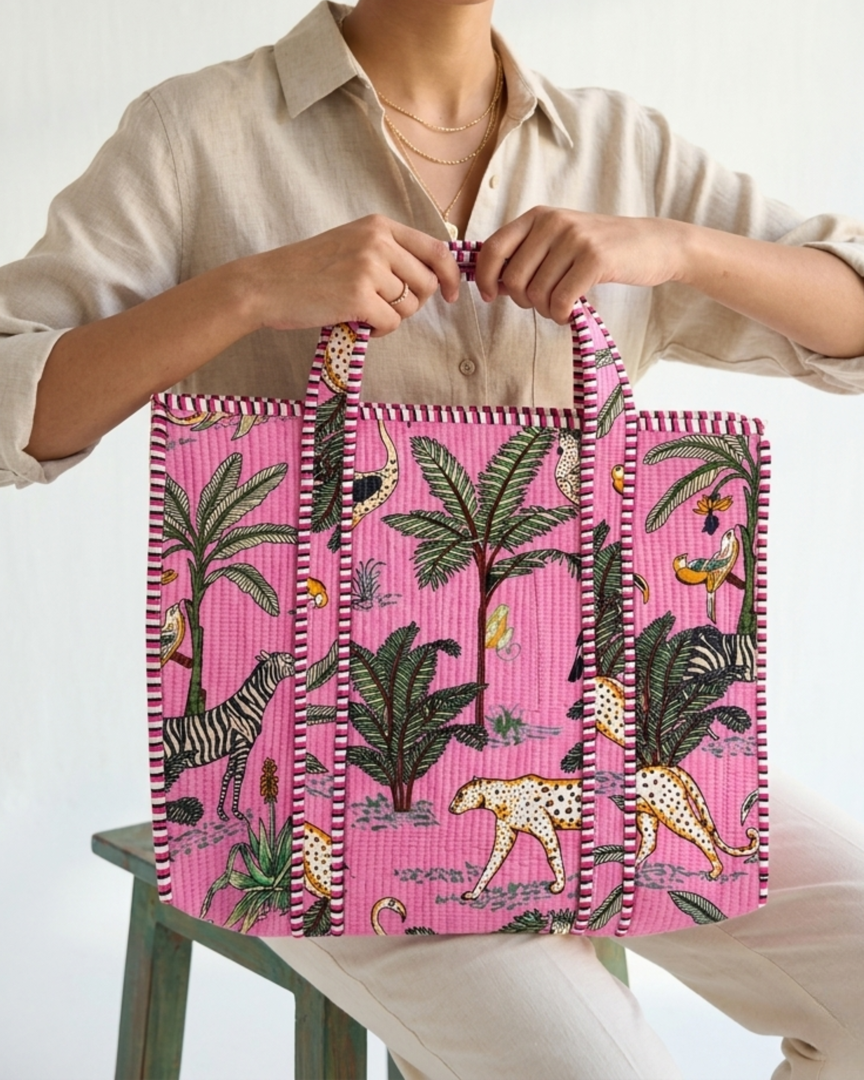 Blossom Pink Exotic Safari Quilted Canvas Tote Bag | Handcrafted Cotton Shoulder Bag with Inner Pocket | Gulabi Craft