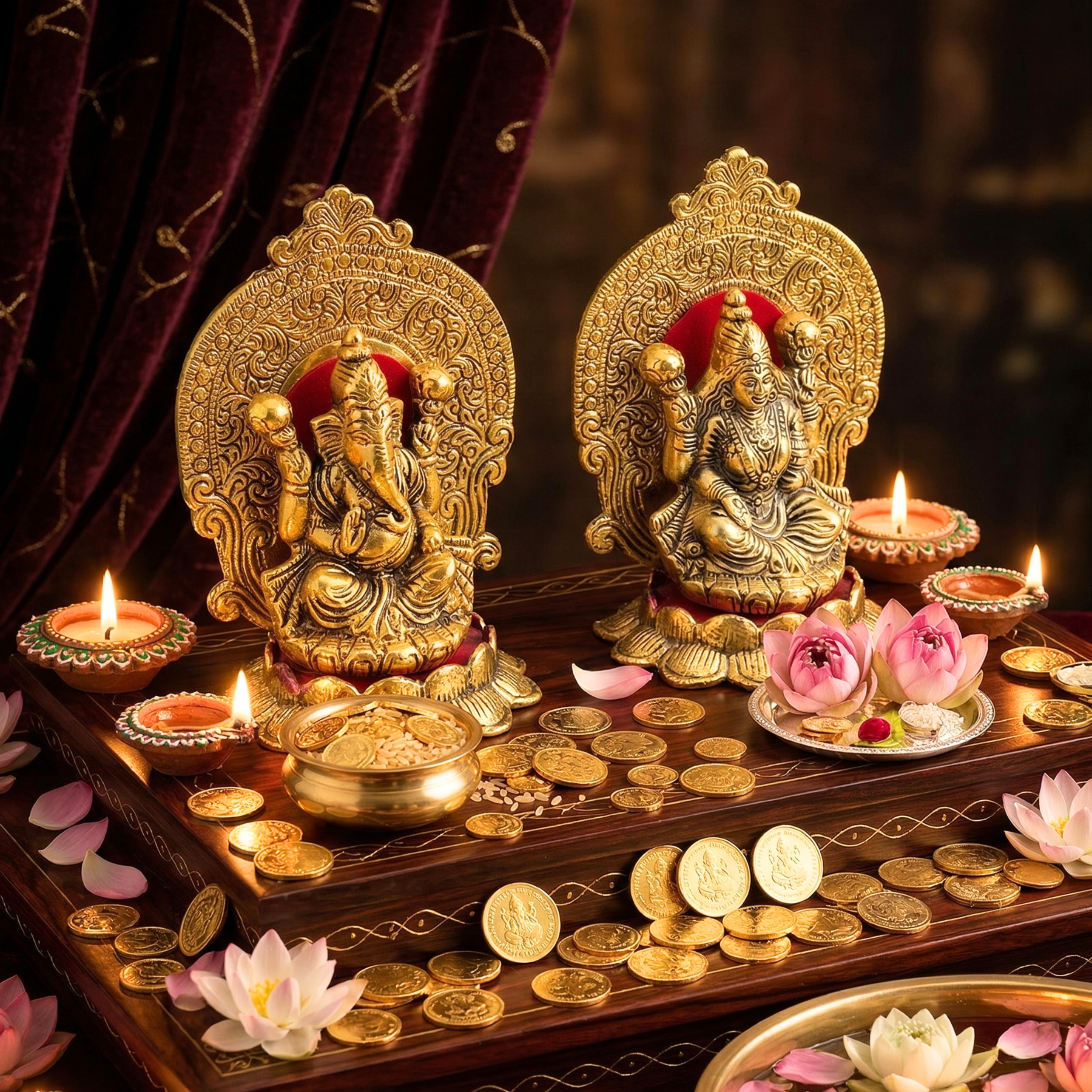 Gulabi Craft Kamal Mehrab Laxmi Ganesha Idol Set – Antique Gold Finish Pooja Room Decor &amp; Auspicious Gift Item
