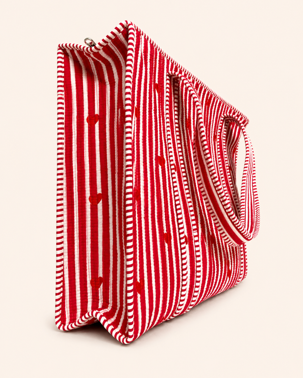 Red Stripe Red Heart Quilted Canvas Tote Bag | Handcrafted Cotton Shoulder Bag with Inner Pocket | Gulabi Craft