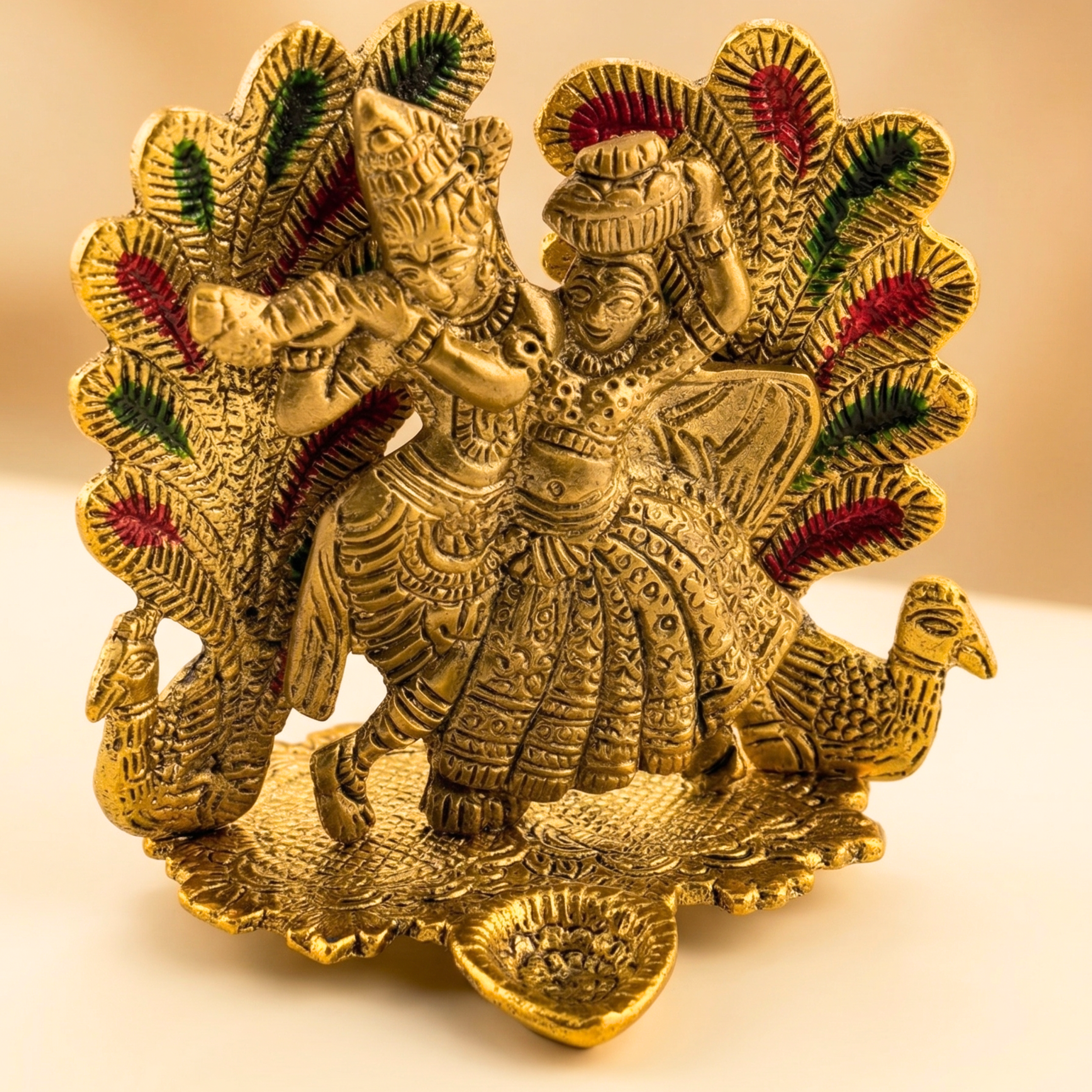 Gulabi Craft Handcrafted Mor Pankh Radha Krishna Idol with Diya – Antique Gold Metal Decor  Premium Gift Item