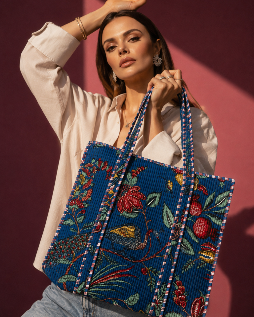 Indigo Peacock Block Print Quilted Cotton Tote Bag | Large Handbag with Inner Pocket for Travel & Gifting | Gulabi Craft