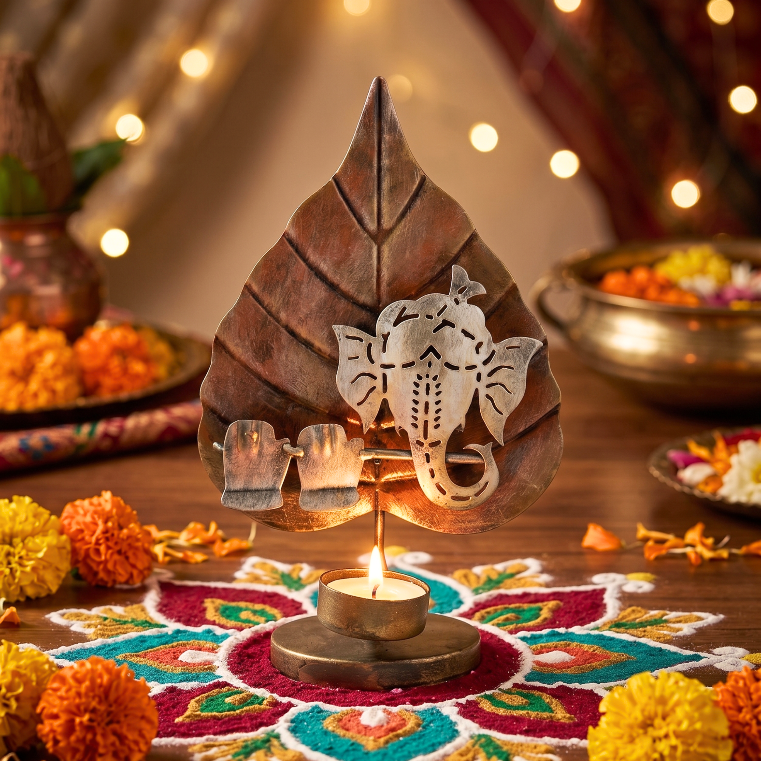 Handcrafted Ganesh Leaf Tealight Holder Brown | Spiritual Home Decor & Gift | Gulabi Craft