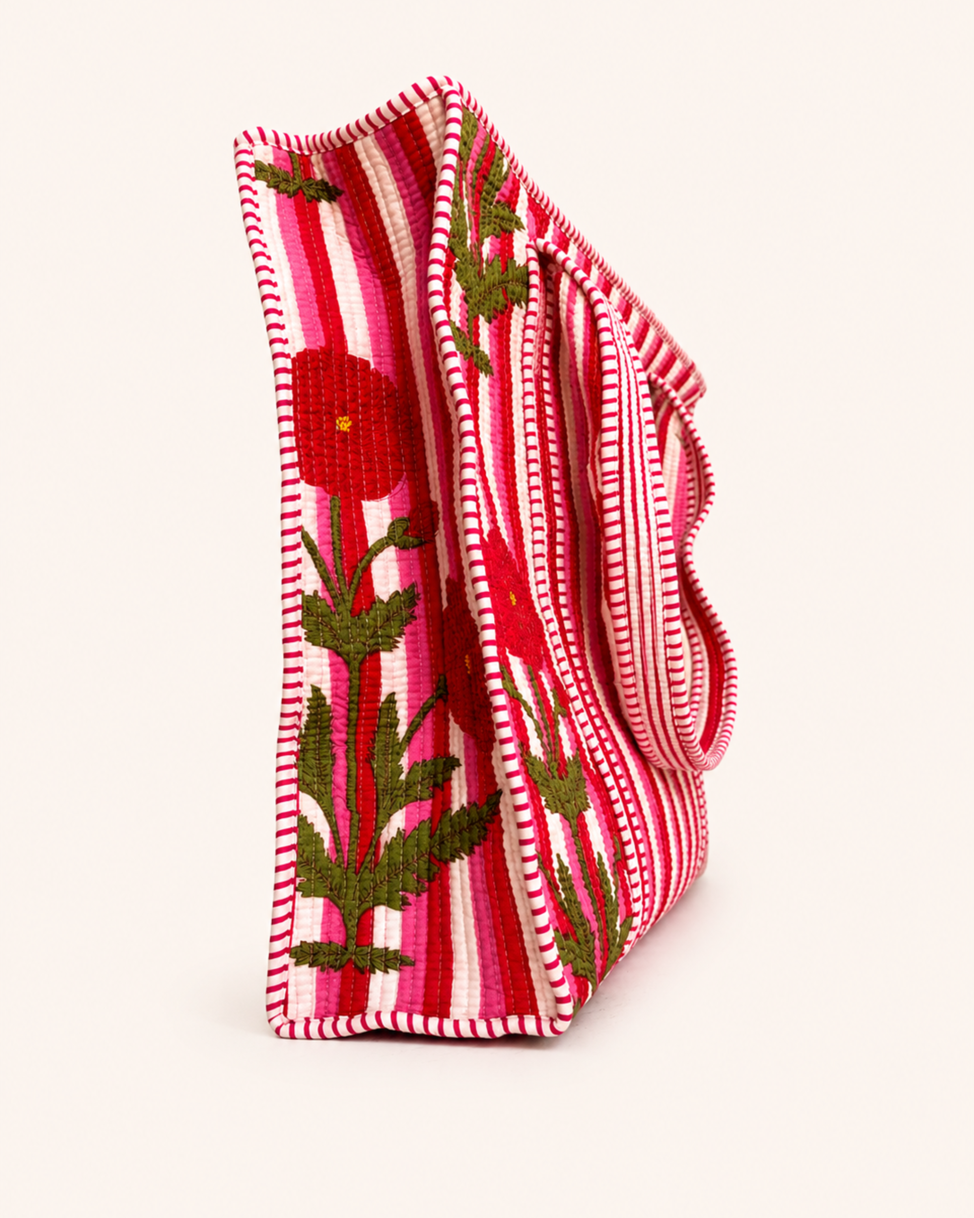 Pink Candy Stripe Red Poppy Quilted Canvas Tote Bag | Handcrafted Cotton Shoulder Bag with Inner Pocket | Gulabi Craft