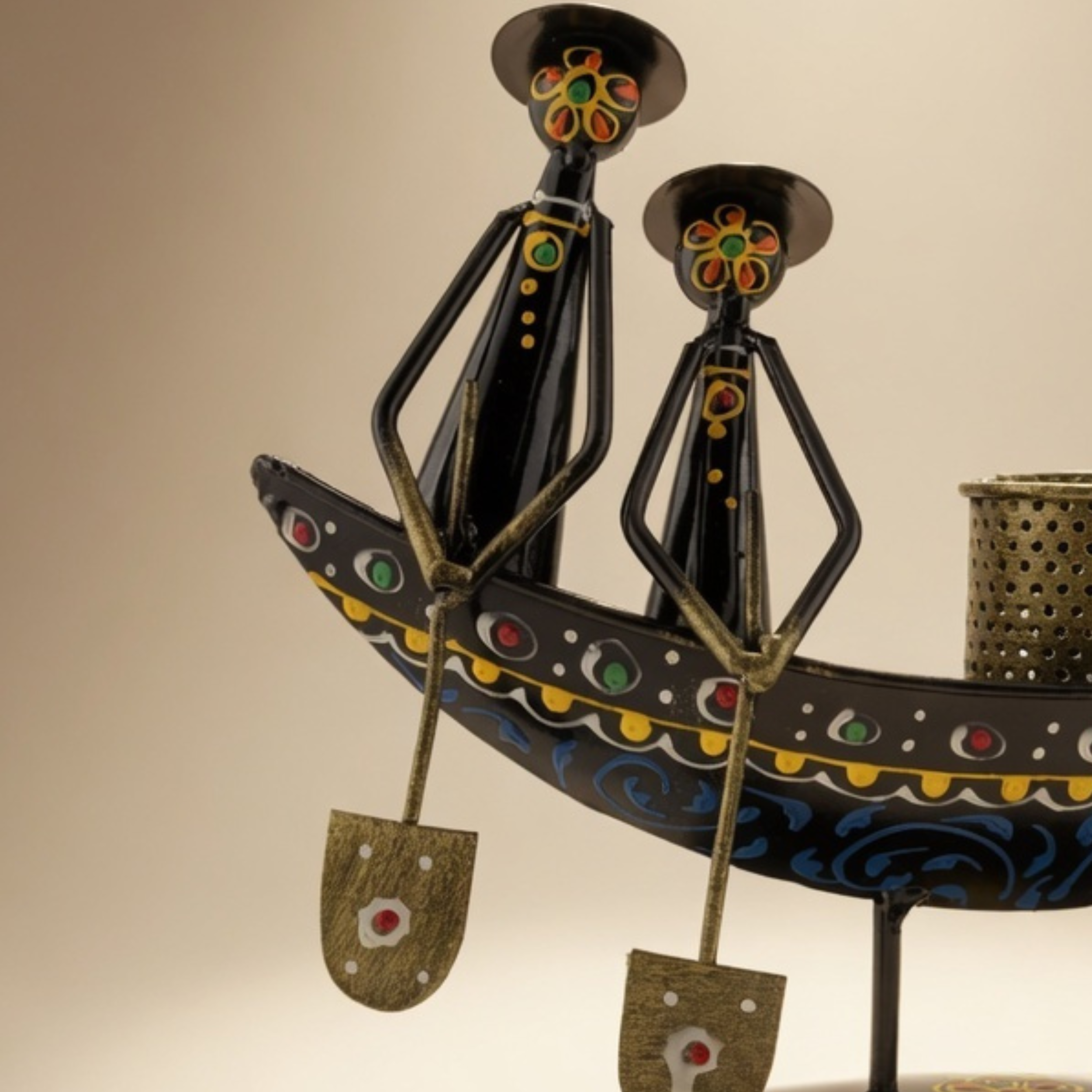 Handcrafted Metal Boat Pan Stand with Candle Holder – Tribal Ethnic Home Decor