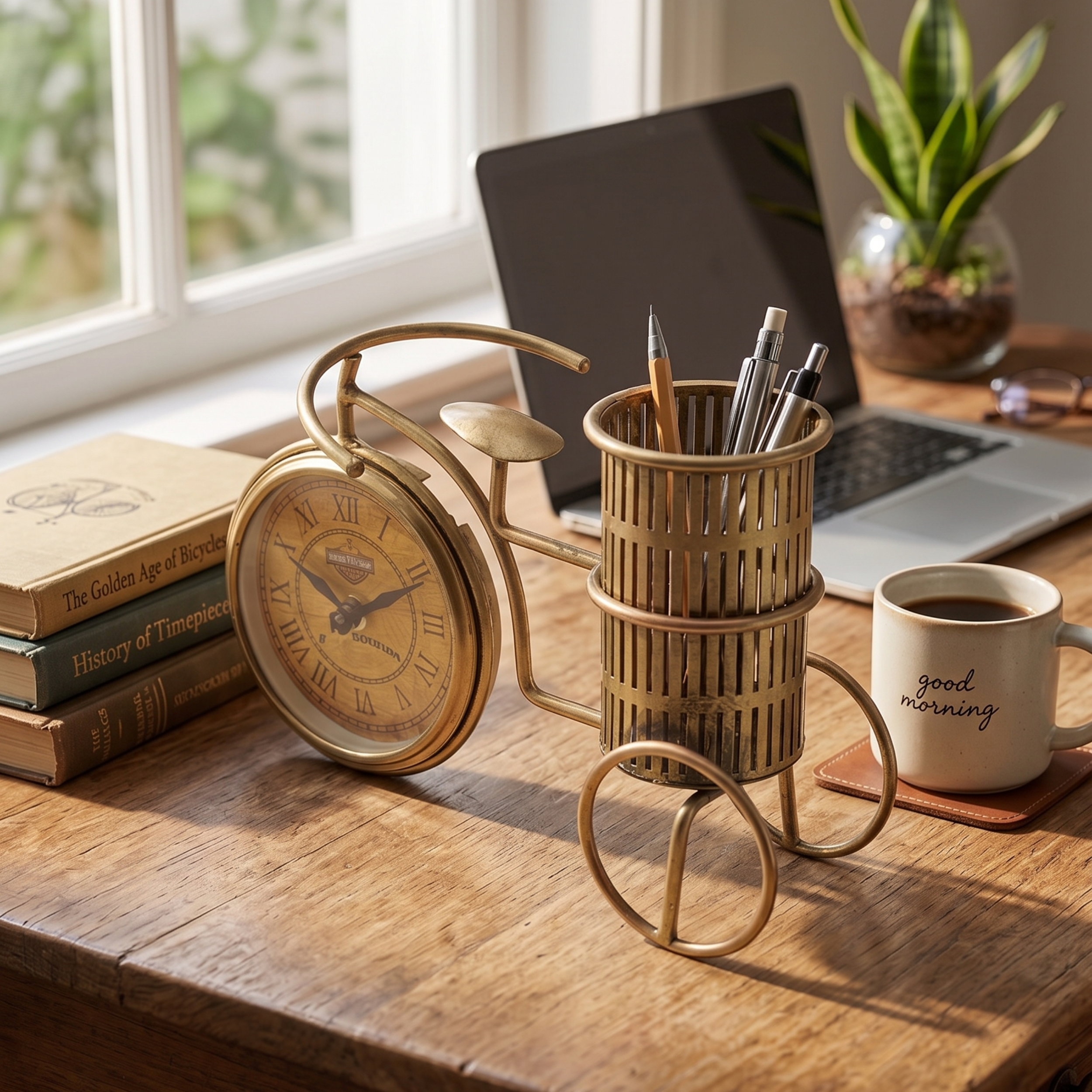 Handmade Vintage Bicycle Clock Pen Holder – Antique Metal Desk Decor | Gulabi Craft