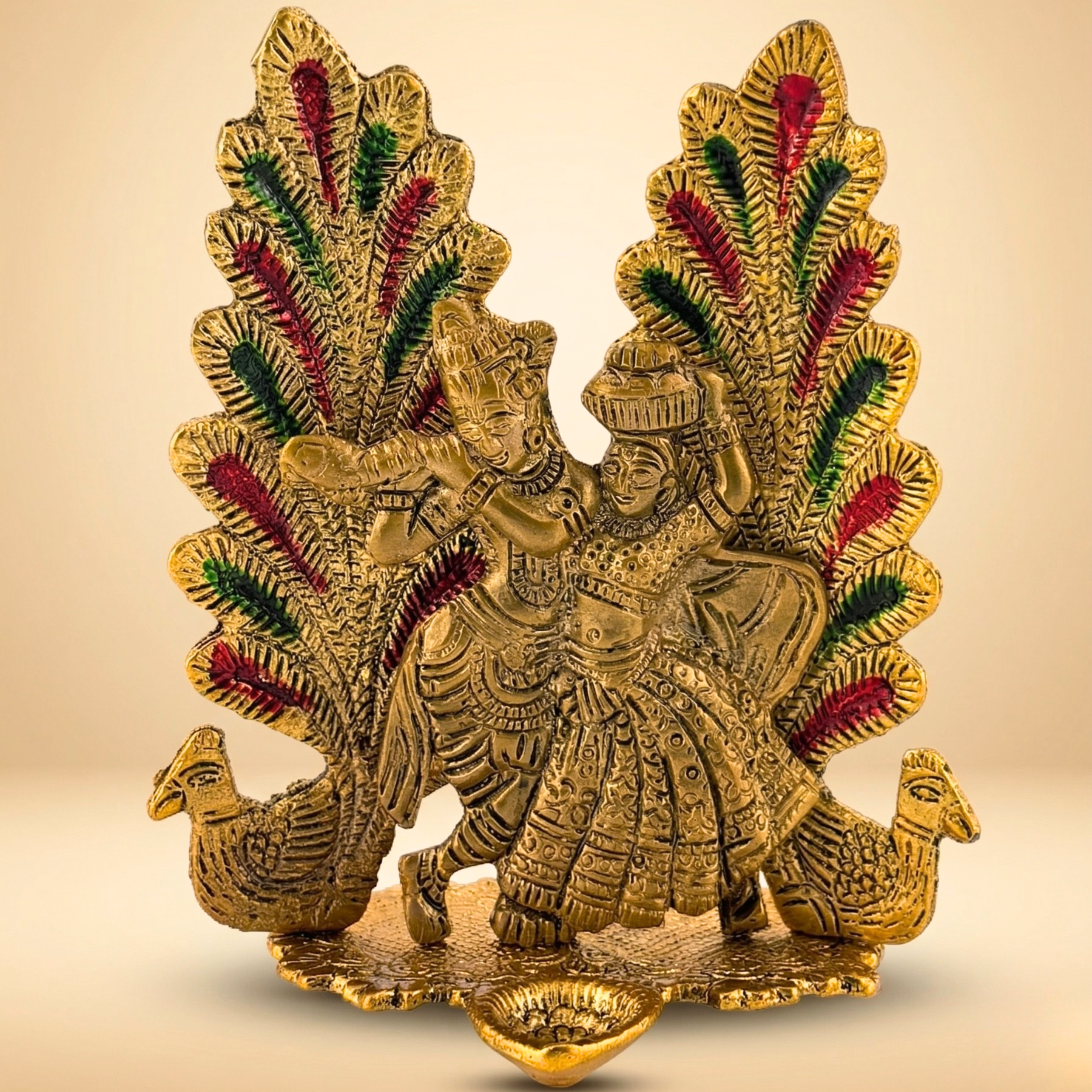 Gulabi Craft Handcrafted Mor Pankh Radha Krishna Idol with Diya – Antique Gold Metal Decor  Premium Gift Item
