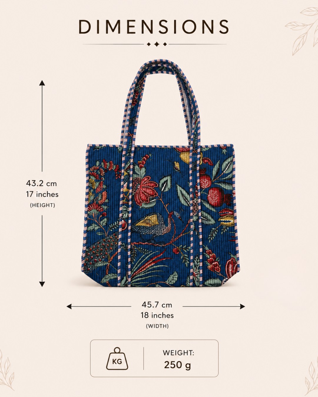 Indigo Peacock Block Print Quilted Cotton Tote Bag | Large Handbag with Inner Pocket for Travel & Gifting | Gulabi Craft