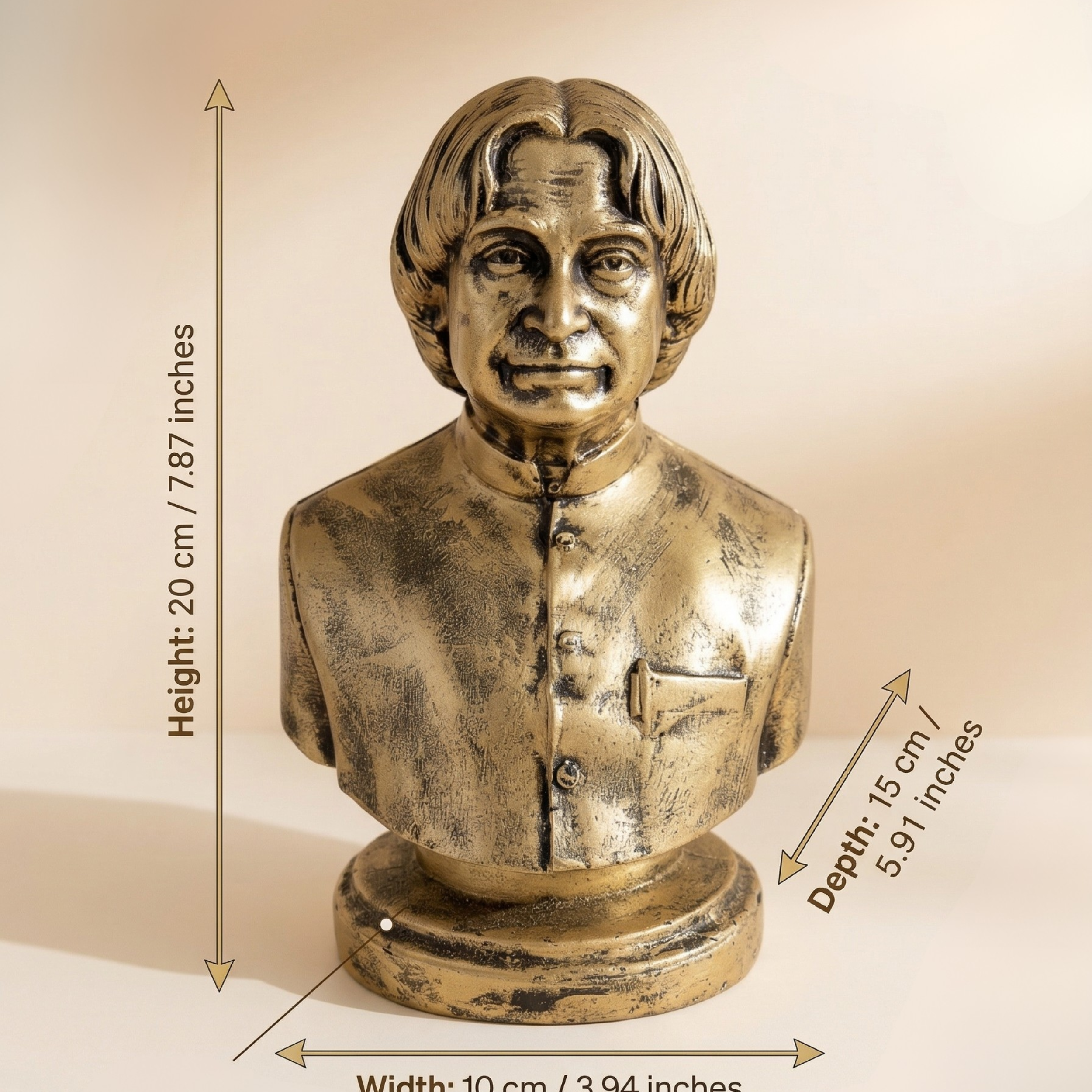 Handcrafted APJ Abdul Kalam Bust Statue - Antique Gold Finish Home & Office Table Decor by Gulabi Craft