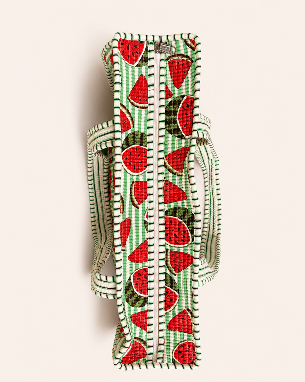 Mint Green Watermelon Quilted Canvas Tote Bag | Handcrafted Cotton Shoulder Bag with Inner Pocket