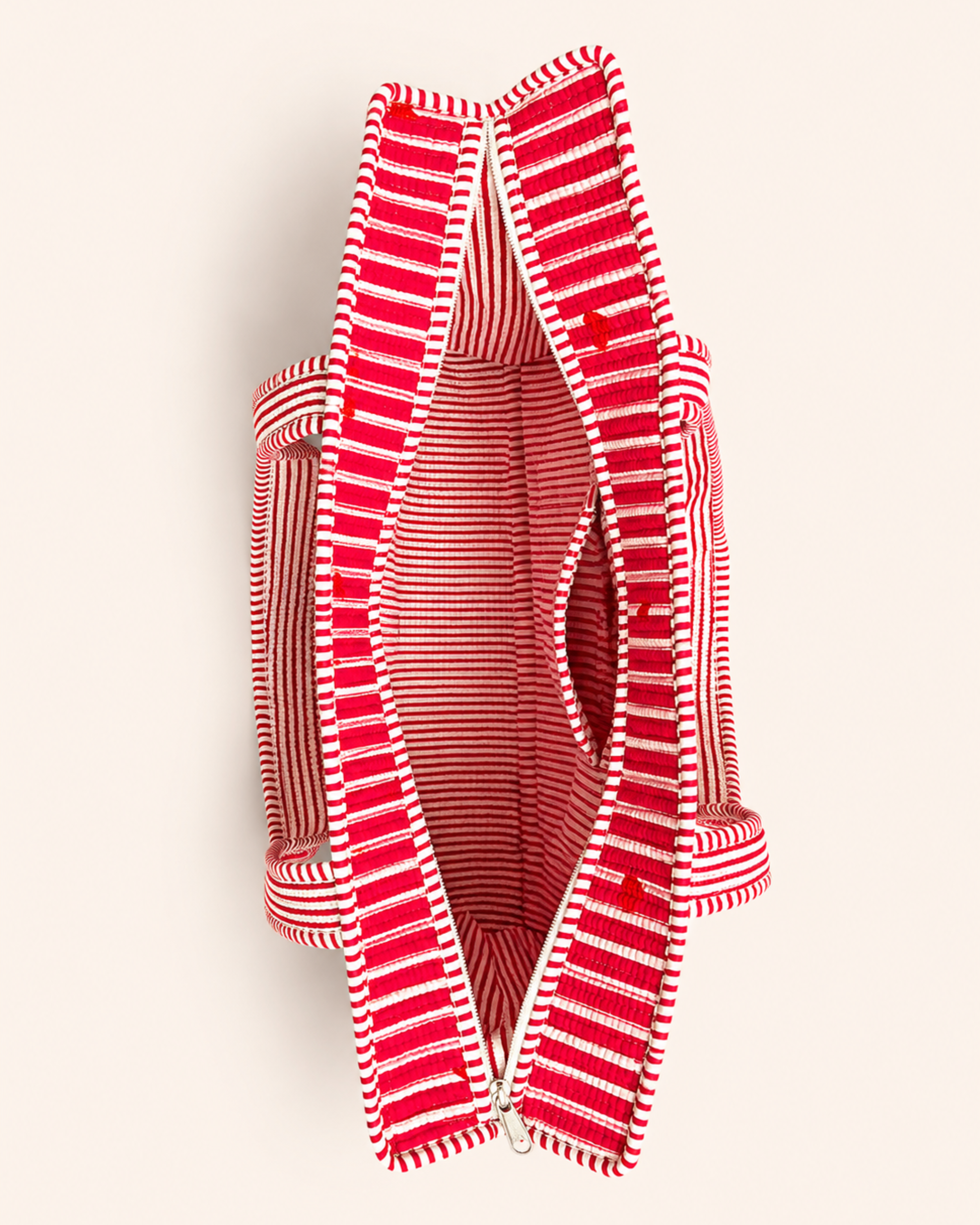 Red Stripe Red Heart Quilted Canvas Tote Bag | Handcrafted Cotton Shoulder Bag with Inner Pocket | Gulabi Craft