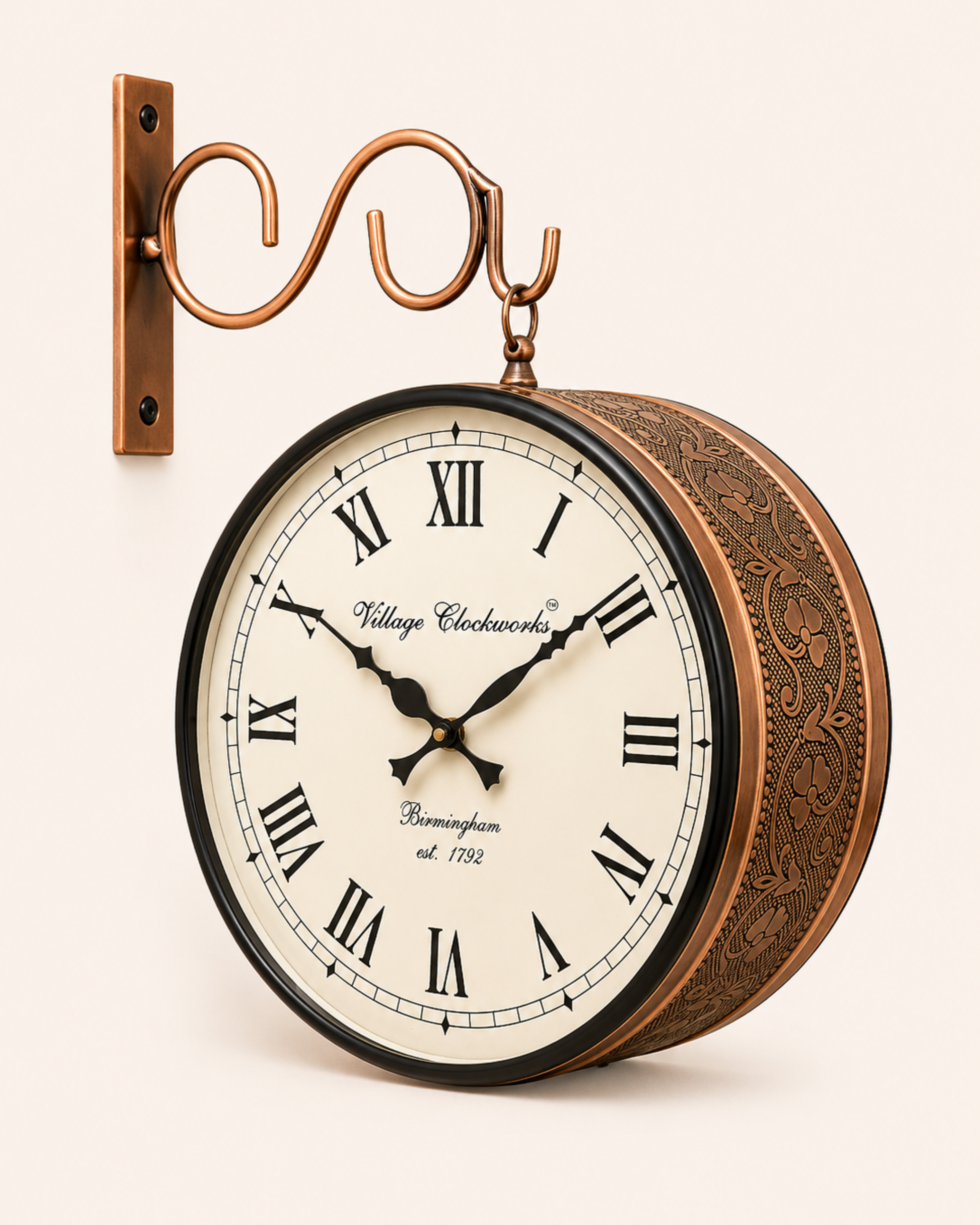 12 Inch Double Face Retro Wall Clock | Antique Embossed Metal Silent Station Clock for Living Room | Gulabi Craft