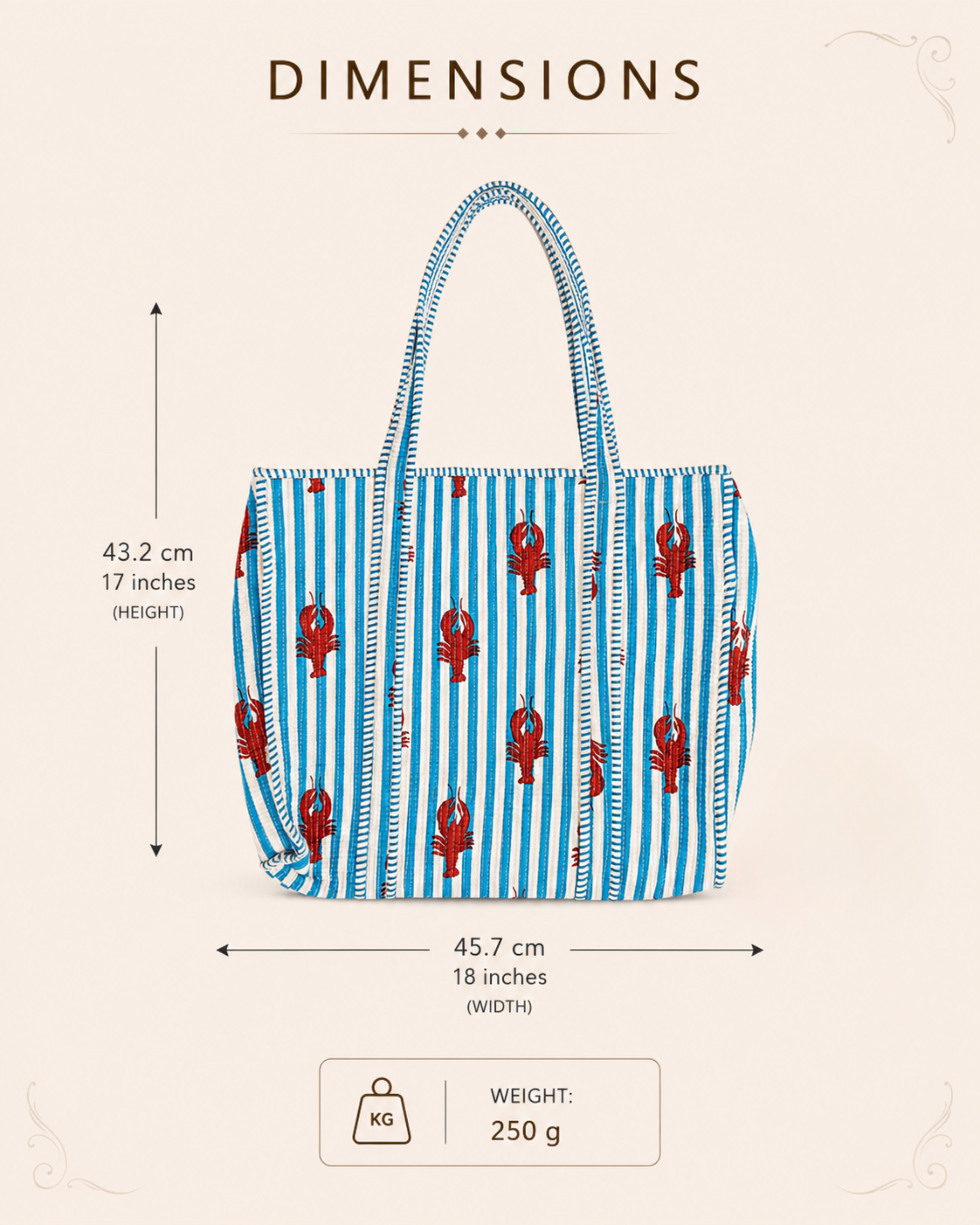 Ocean Blue Striped Red Lobster Quilted Canvas Tote Bag | Handcrafted Cotton Shoulder Bag for Travel &amp; Shopping | Gulabi Craft