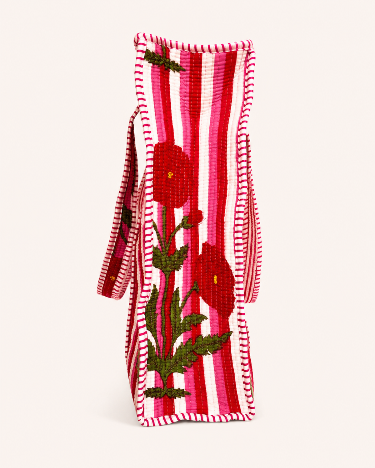 Pink Candy Stripe Red Poppy Quilted Canvas Tote Bag | Handcrafted Cotton Shoulder Bag with Inner Pocket | Gulabi Craft