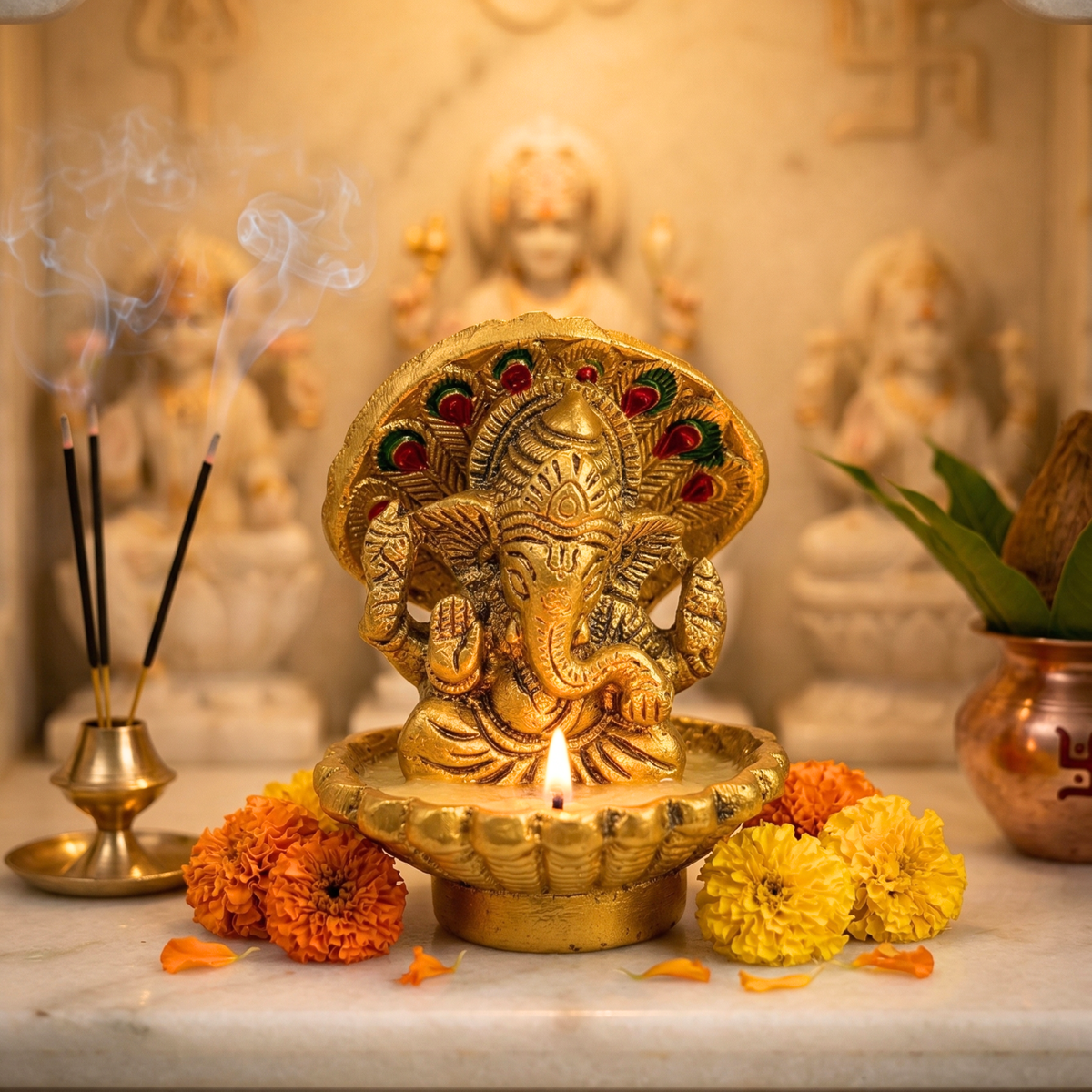 Handcrafted Seep Ganesha Idol – Antique Gold Seashell Ganpati for Home Decor &Premium Gifting | Gulabi Craft