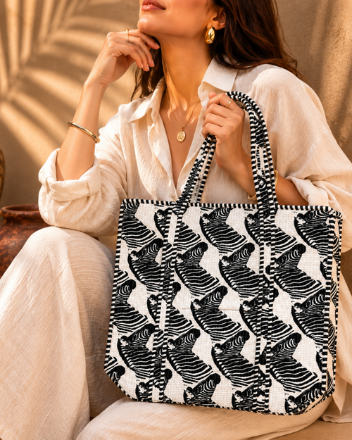 Classic Black and White Zebra Quilted Canvas Tote Bag | Handcrafted Cotton Shoulder Bag with Inner Pocket | Gulabi Craft