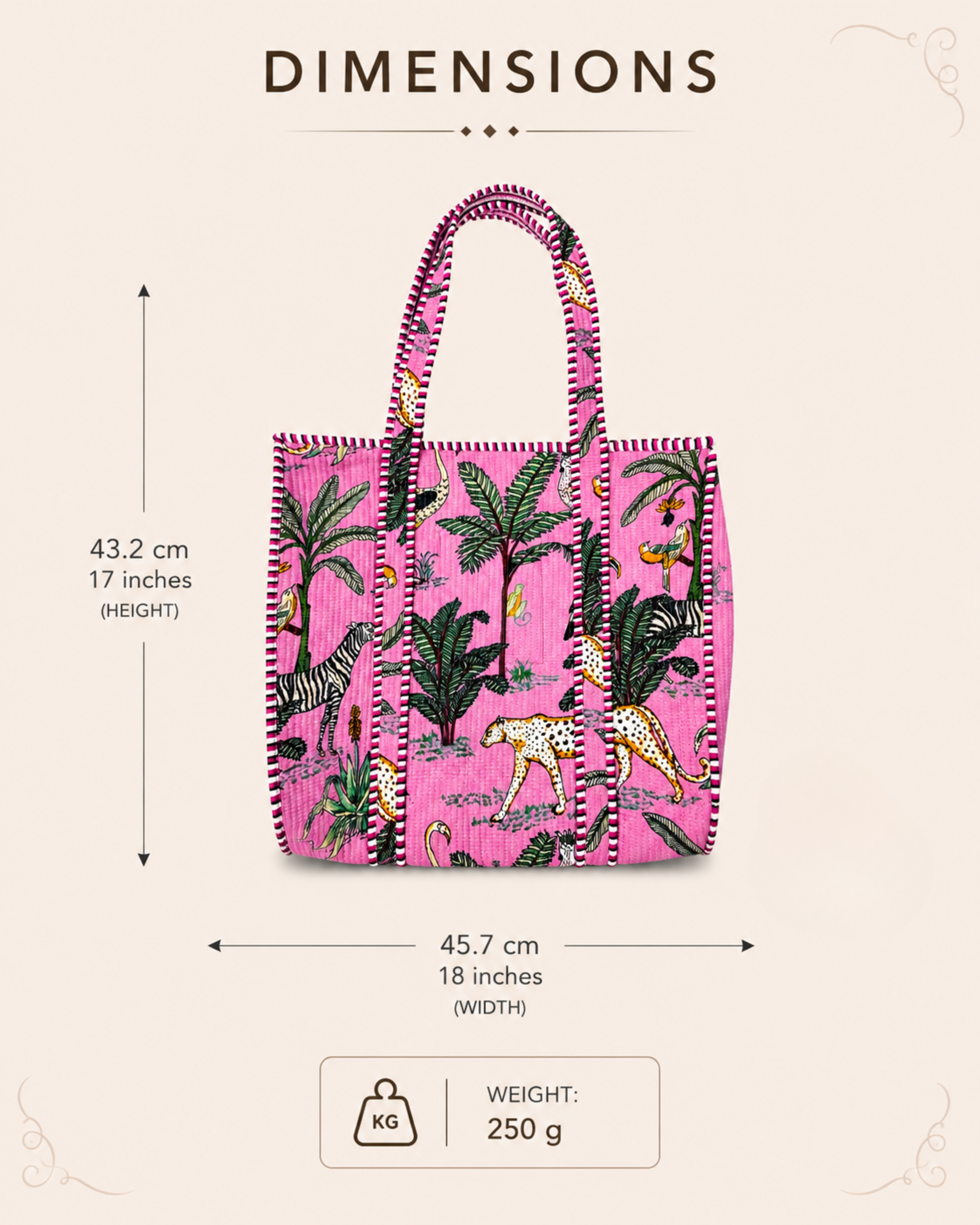 Blossom Pink Exotic Safari Quilted Canvas Tote Bag | Handcrafted Cotton Shoulder Bag with Inner Pocket | Gulabi Craft