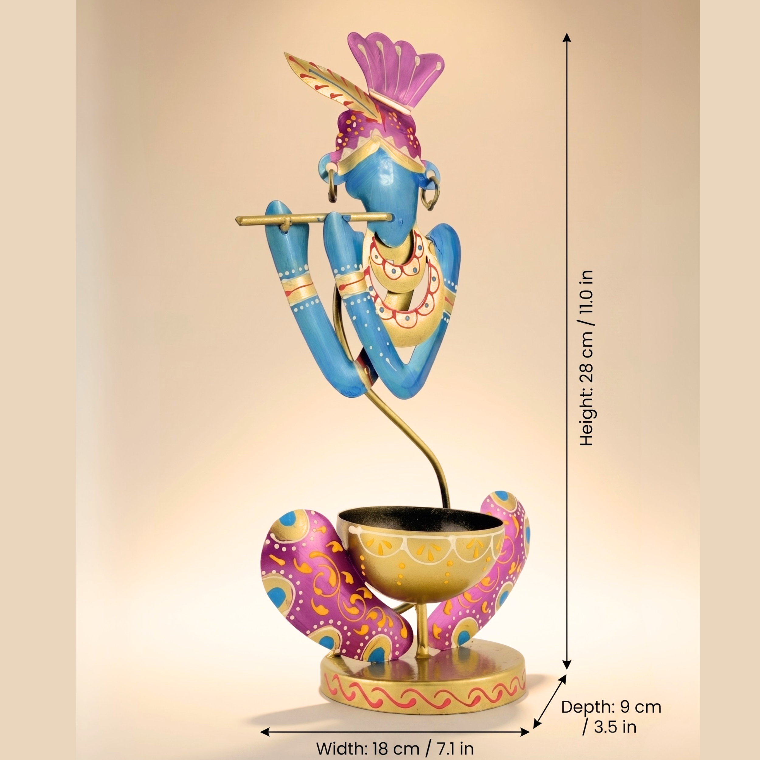 Handcrafted Murli Krishna T-Light Holder Blue – Metal Spiritual Home Decor Table Diya Stand | Gulabi Craft