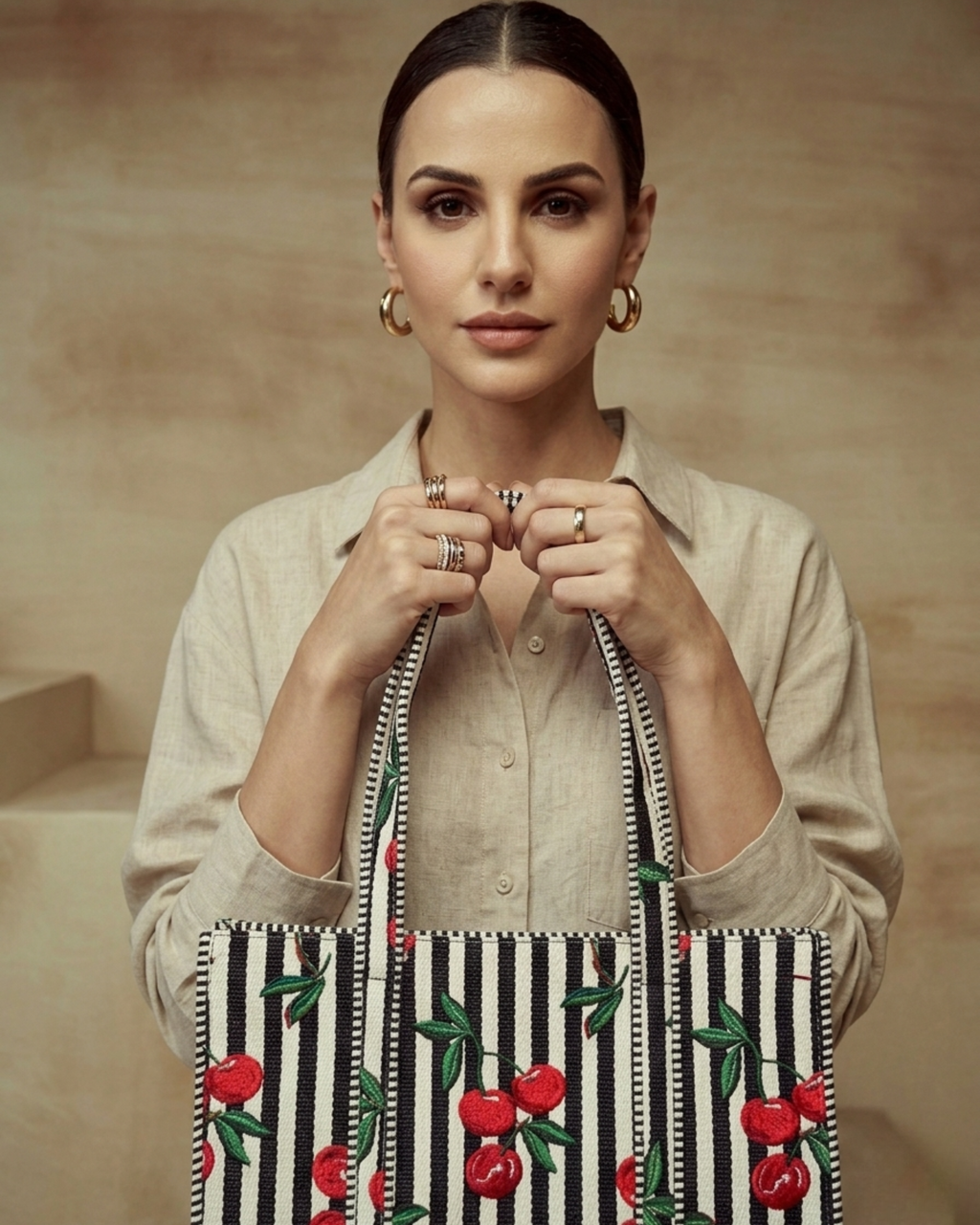 Midnight Black Stripe Red Cherry Handcrafted Quilted Canvas Tote Bag with Inner Pocket for Travel | Gulabi Craft