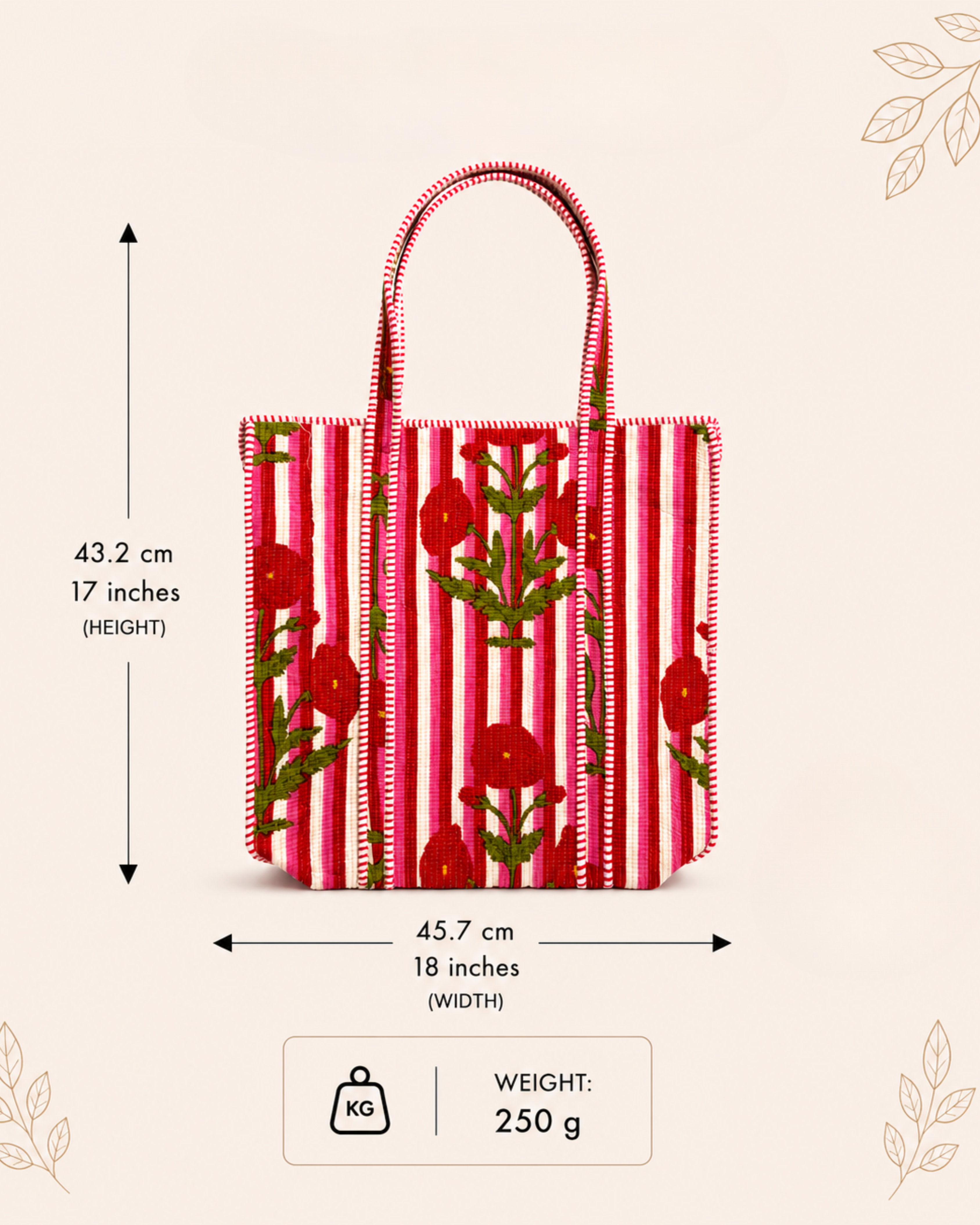 Pink Candy Stripe Red Poppy Quilted Canvas Tote Bag | Handcrafted Cotton Shoulder Bag with Inner Pocket | Gulabi Craft