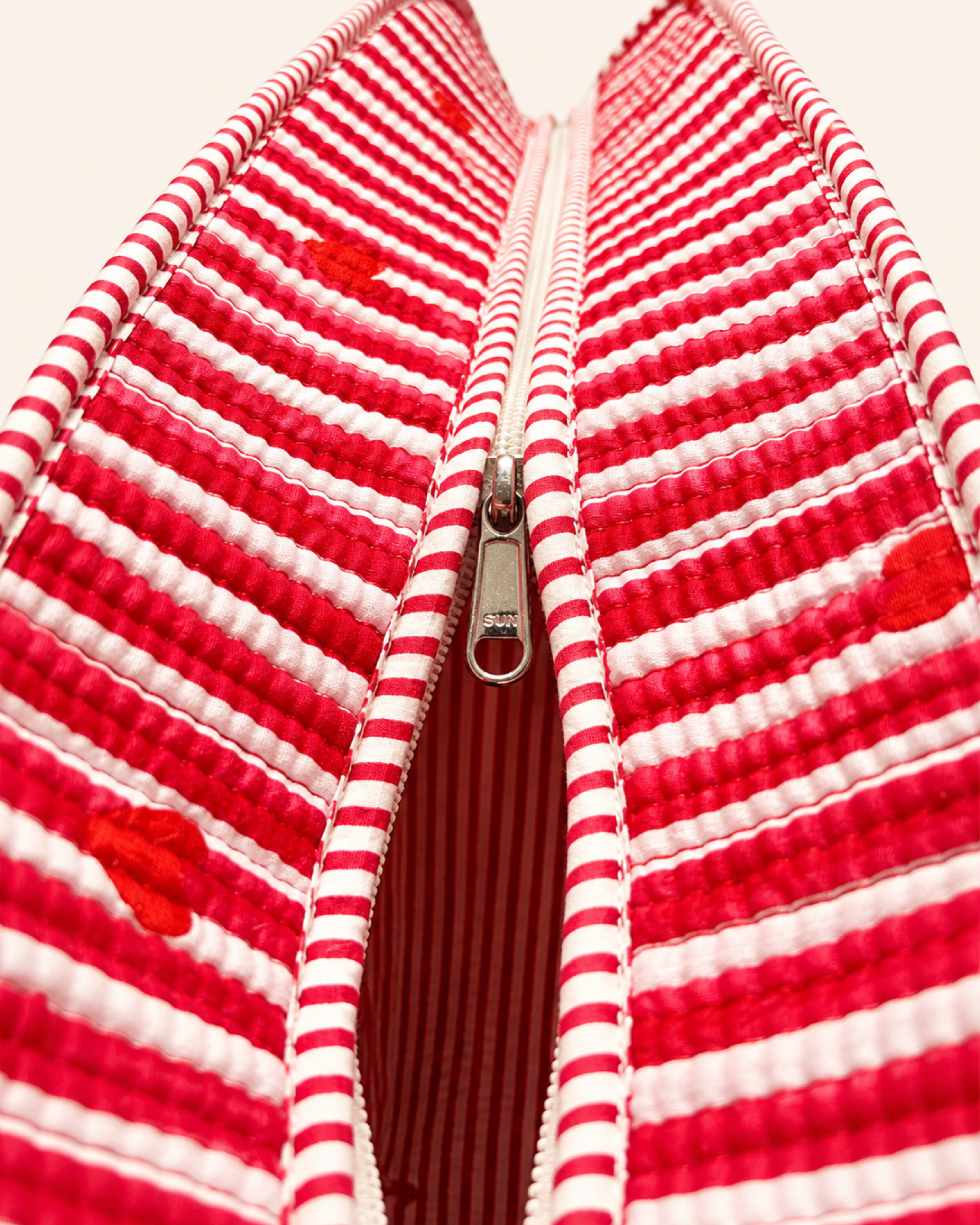 Red Stripe Red Heart Quilted Canvas Tote Bag | Handcrafted Cotton Shoulder Bag with Inner Pocket | Gulabi Craft