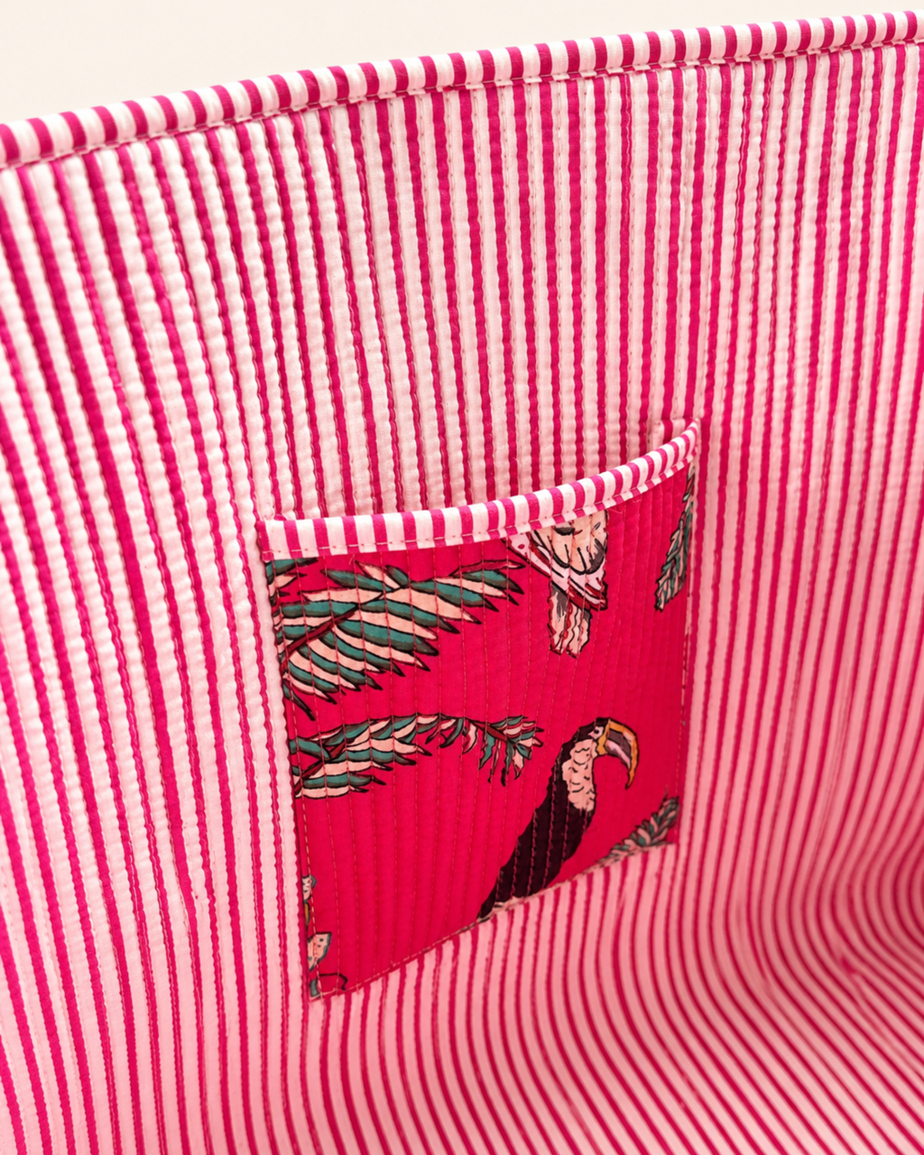 Fuchsia Pink Tropical Safari Quilted Canvas Tote Bag | Handcrafted Cotton Shoulder Bag with Inner Pocket | Gulabi Craft