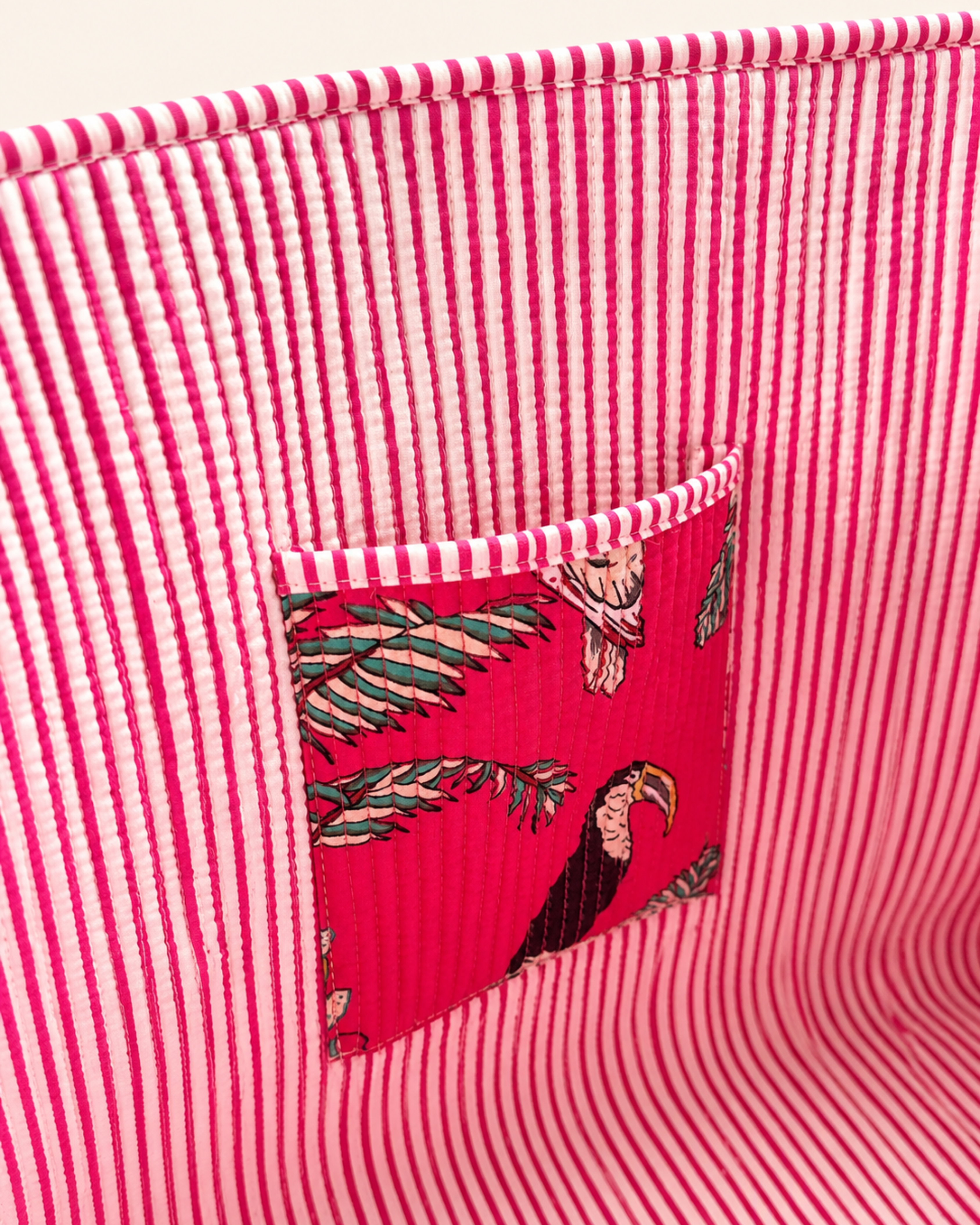 Fuchsia Pink Tropical Safari Quilted Canvas Tote Bag | Handcrafted Cotton Shoulder Bag with Inner Pocket | Gulabi Craft