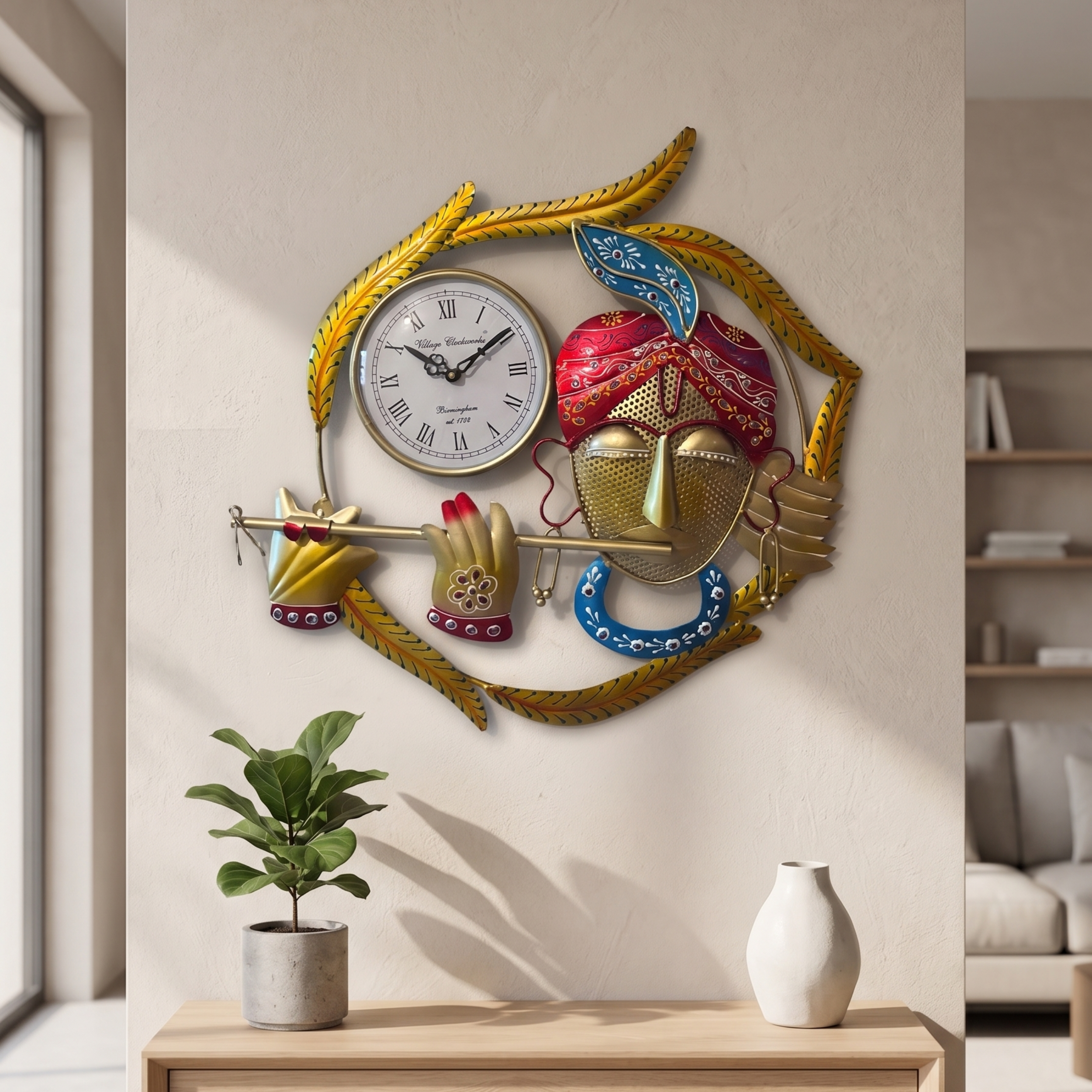 Handcrafted Colour Krishna Wall Clock – Metal Wall Art Decor for Living Room & Vastu Gifting | Gulabi Craft