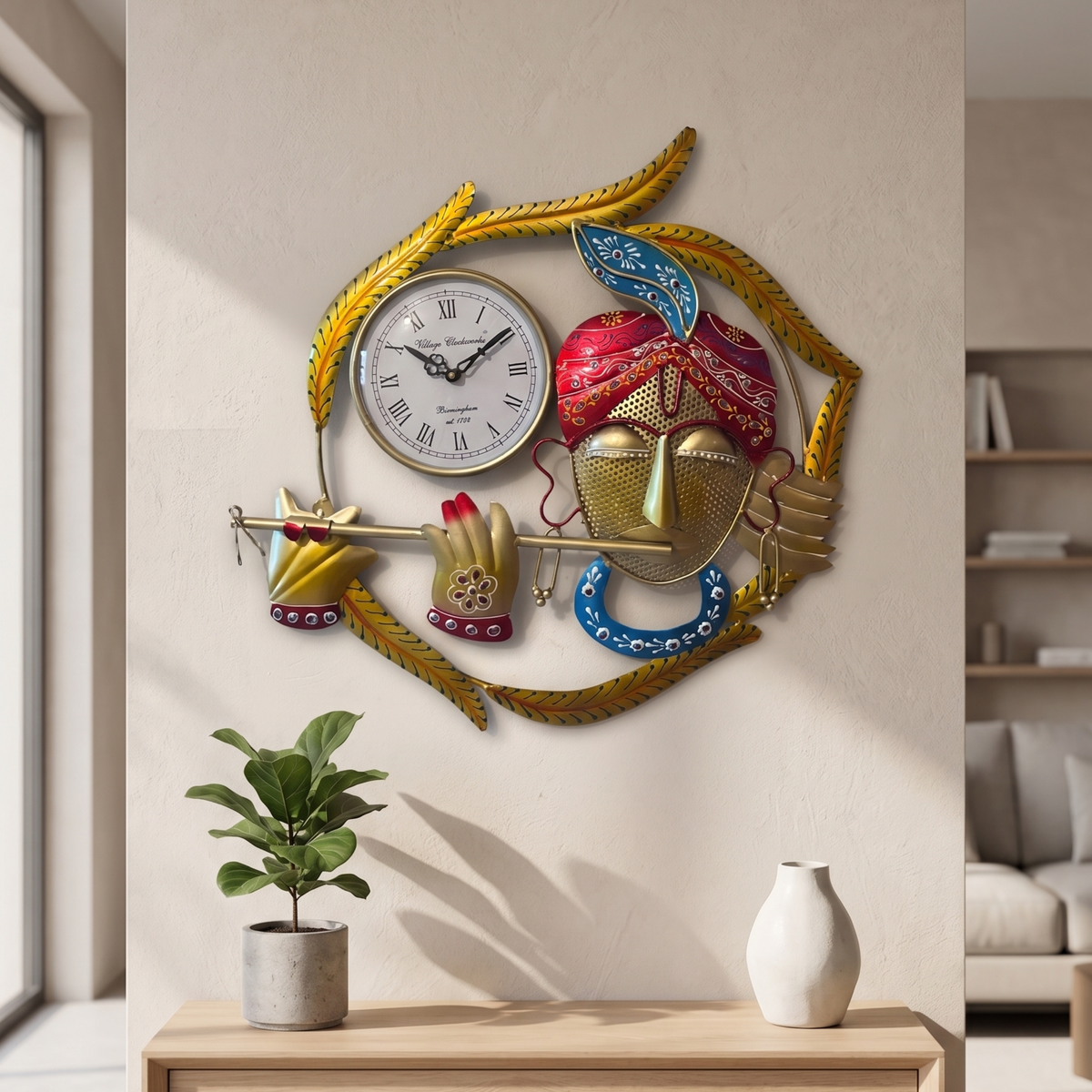 Handcrafted Colour Krishna Wall Clock – Metal Wall Art Decor for Living Room & Vastu Gifting | Gulabi Craft