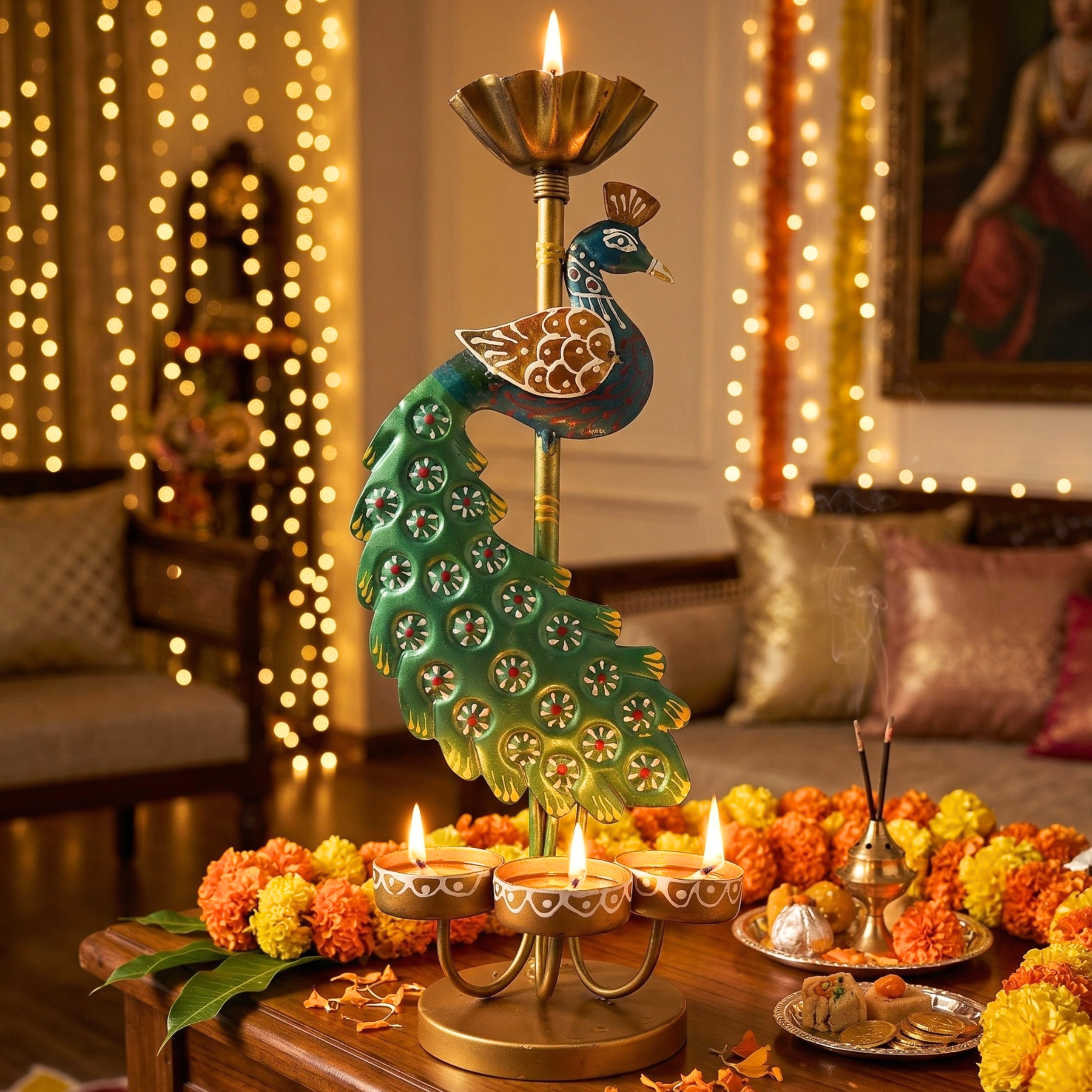 Handcrafted Peacock Triple T-Light Candle Holder for Home Decor & Festive Gifting | Gulabi Craft