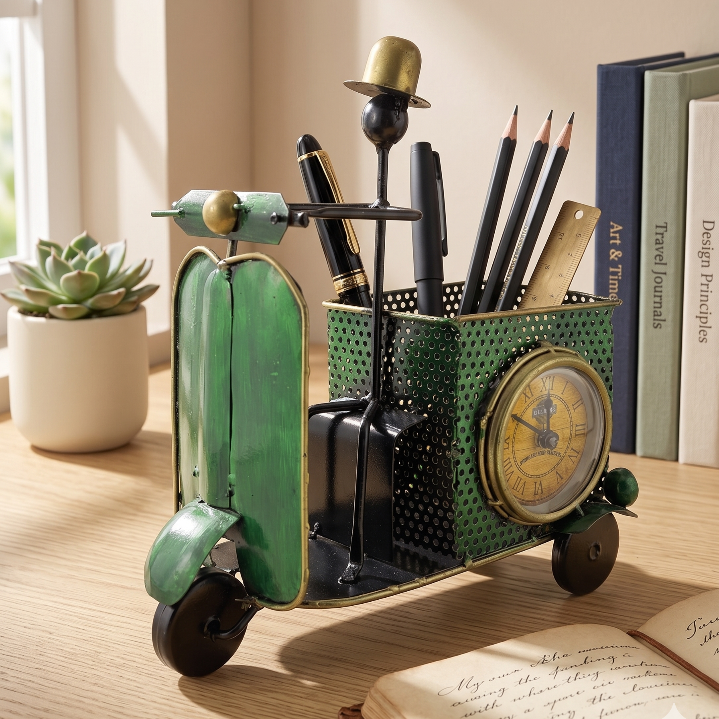 Handmade Metal Scooter Table Clock – Vintage Home Decor