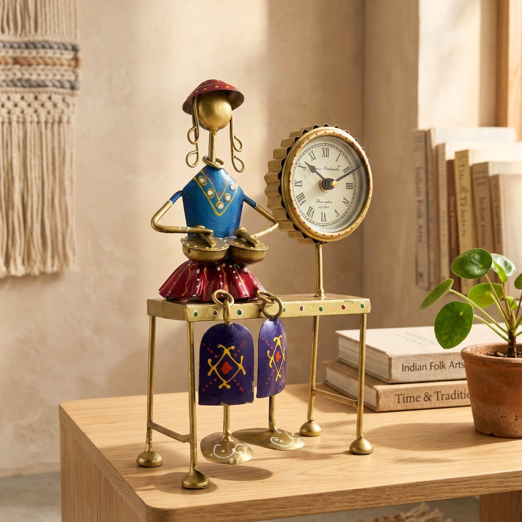 Handmade Musician Lady Table Clock – Vintage Metal Desk Decor Showpiece