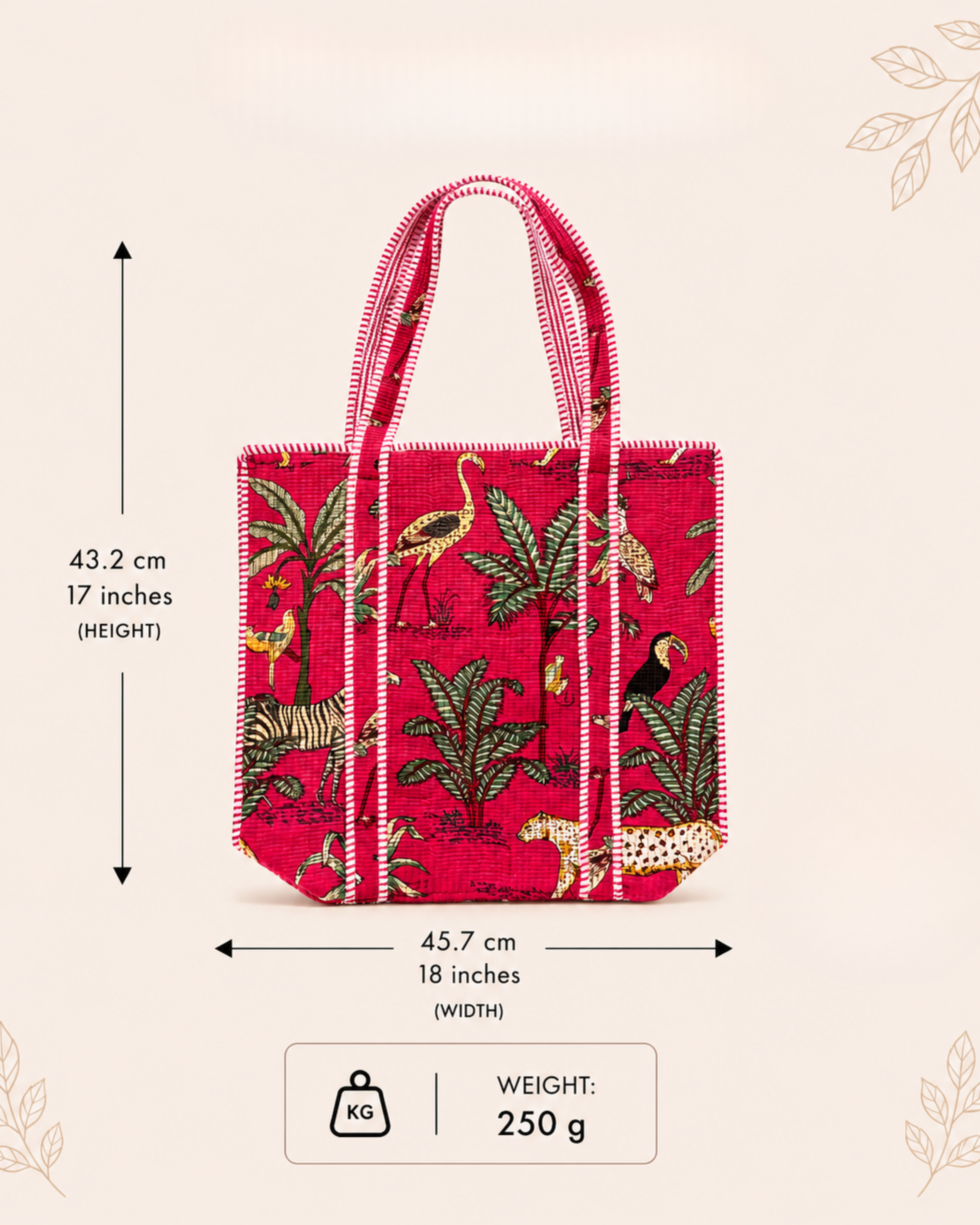 Fuchsia Pink Tropical Safari Quilted Canvas Tote Bag | Handcrafted Cotton Shoulder Bag with Inner Pocket | Gulabi Craft