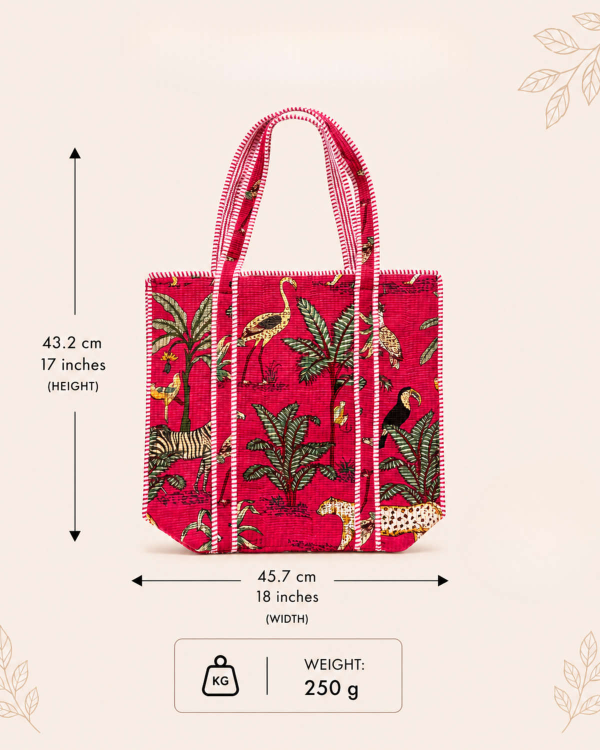 Fuchsia Pink Tropical Safari Quilted Canvas Tote Bag | Handcrafted Cotton Shoulder Bag with Inner Pocket | Gulabi Craft