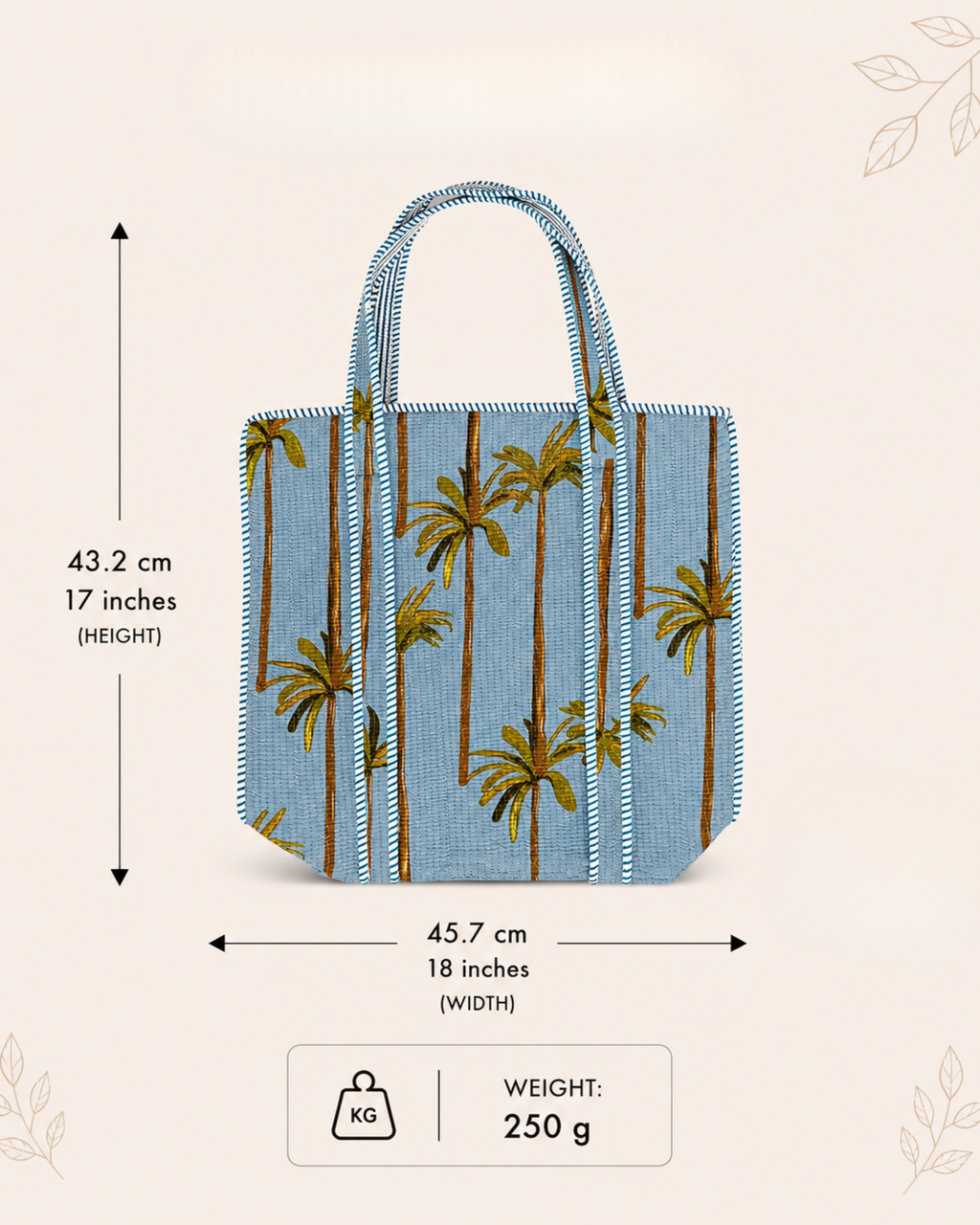 Sky Blue Palm Tree Quilted Canvas Tote Bag | Handcrafted Cotton Shoulder Bag with Inner Pocket | Gulabi Craft