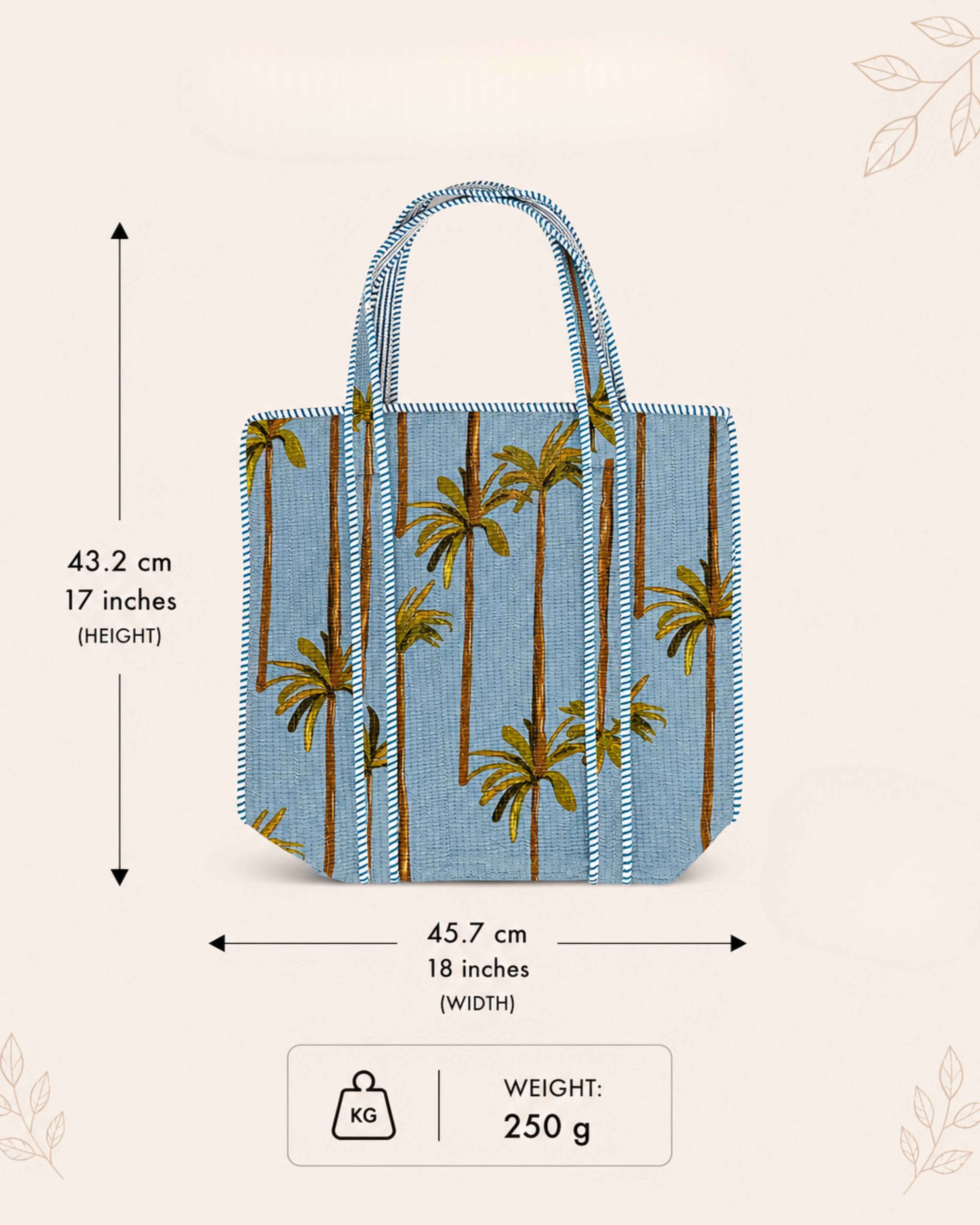 Sky Blue Palm Tree Quilted Canvas Tote Bag | Handcrafted Cotton Shoulder Bag with Inner Pocket | Gulabi Craft