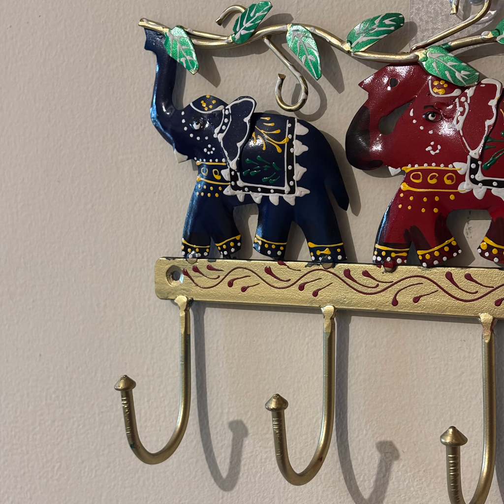 Handcrafted 3 Elephant Key Holder – Colorful Metal Wall Hook for Entryway Decor & Vastu Gifting | Gulabi Craft