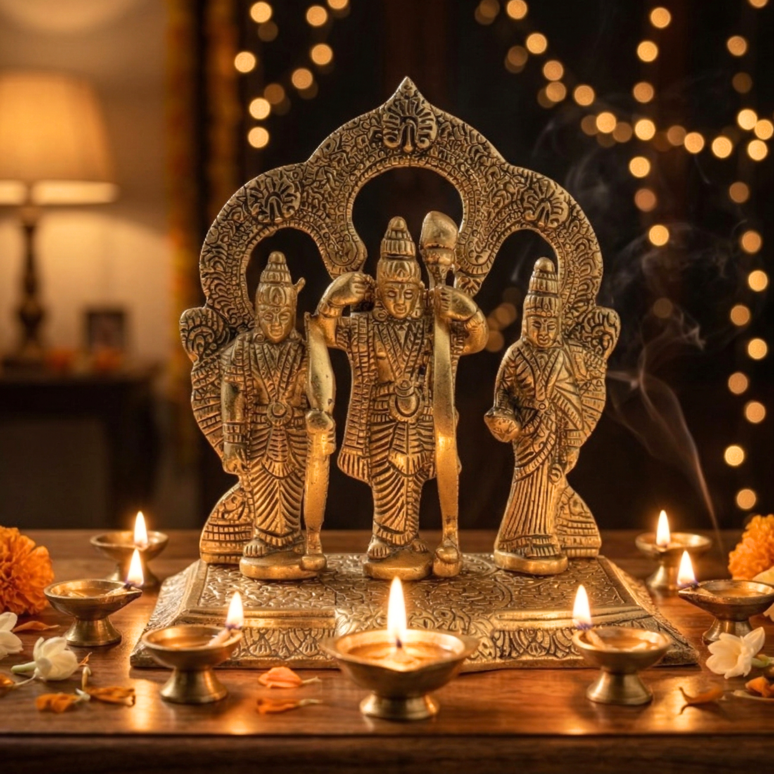 Gulabi Craft Handcrafted Ram Darbar Idol – Antique Gold Metal Statue for Pooja Room & Premium Home Decor