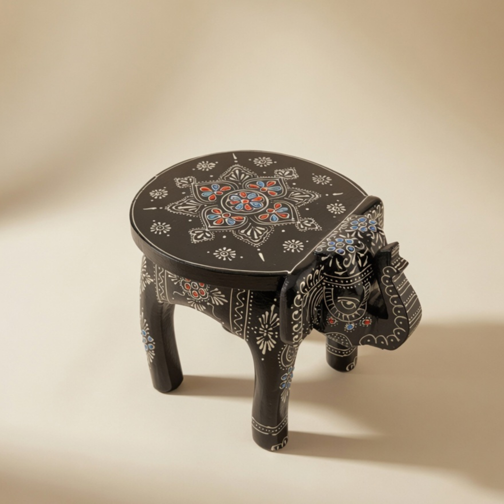 Gulabi Craft Handcrafted Wooden Elephant Stool (8-Inch) – Traditional Indian Painted Decorative Accent & Side Table